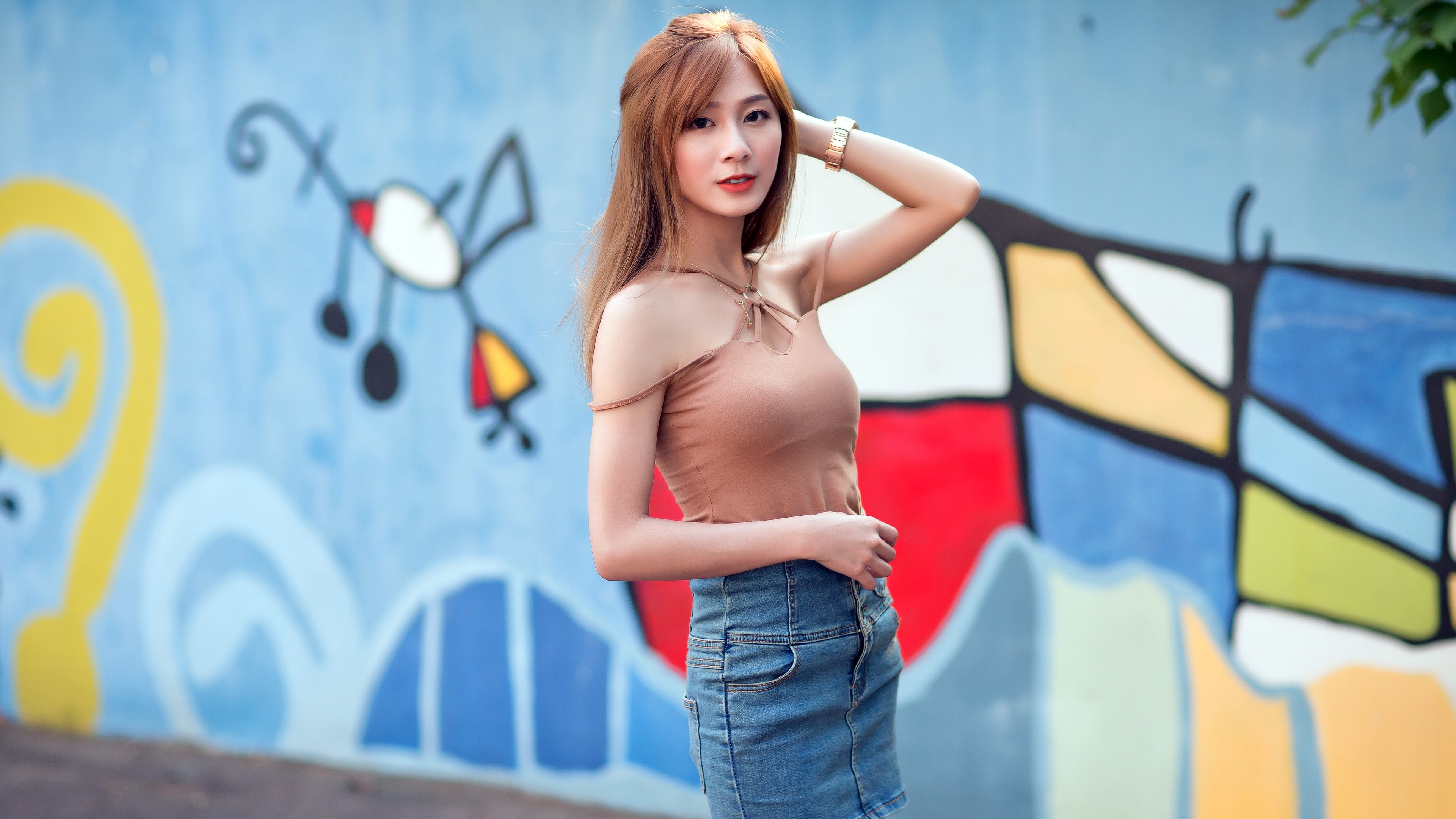 People 3840x2160 Asian model outdoors women outdoors urban wall dyed hair standing red lipstick looking at viewer Strawberry Blonde women