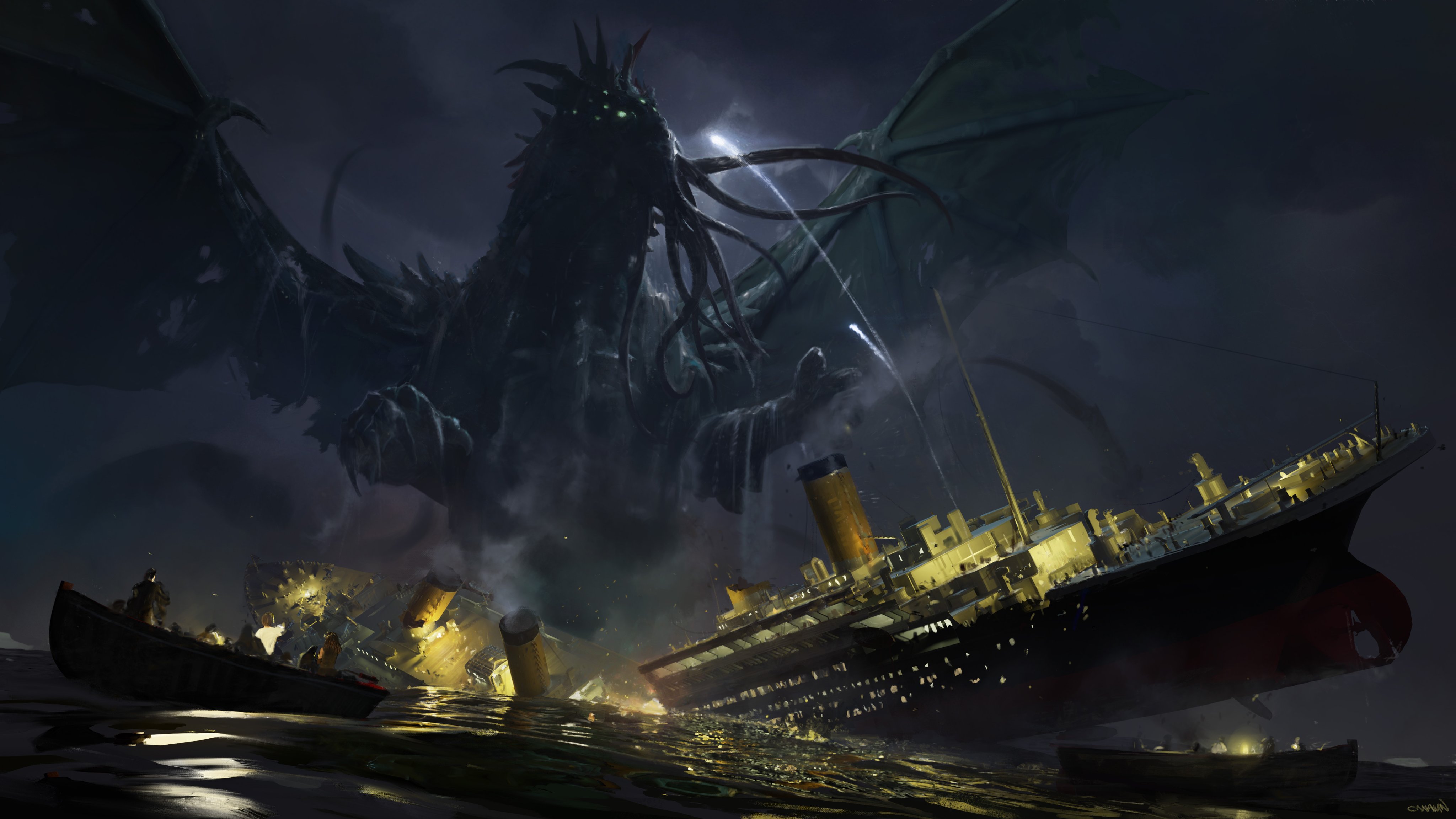 General 4096x2304 artwork fantasy art ship sea creature Cthulhu Titanic H. P. Lovecraft