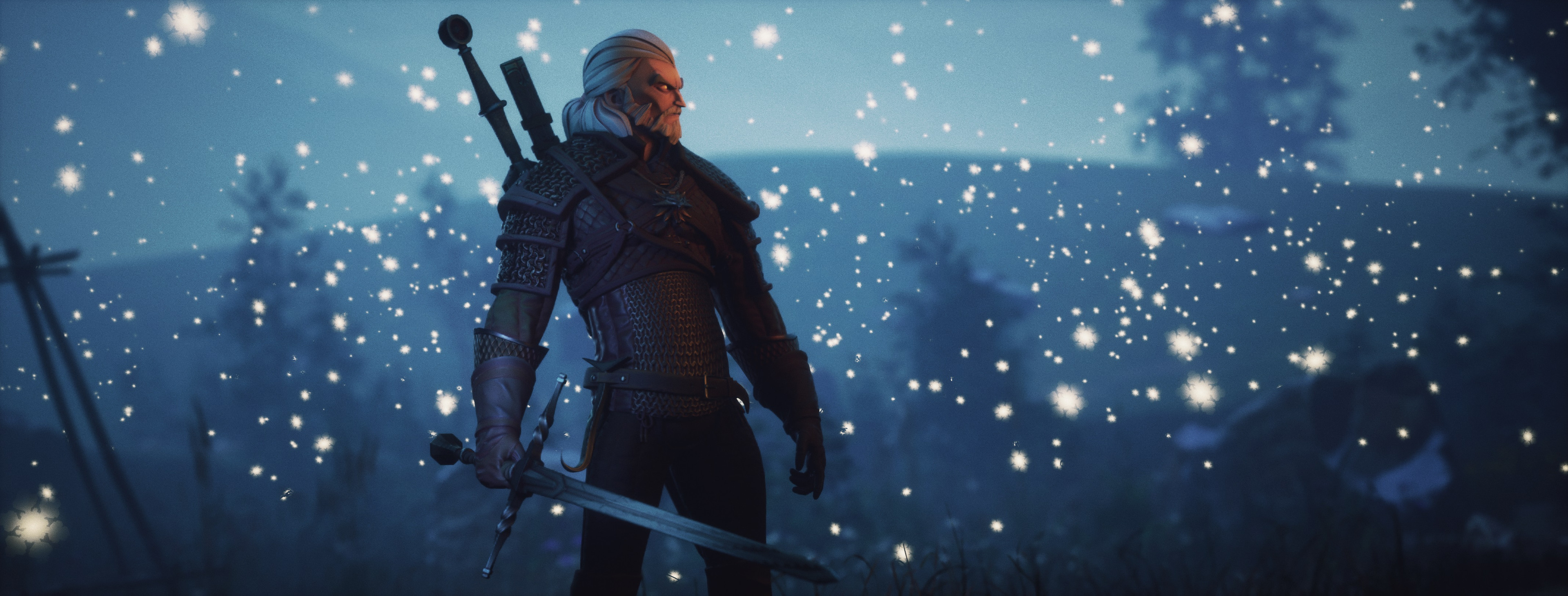 General 3840x1460 Michele Marchionni snow ultrawide snowflakes digital art The Witcher 3: Wild Hunt The Witcher fan art sword Geralt of Rivia CGI video game characters CD Projekt RED ArtStation