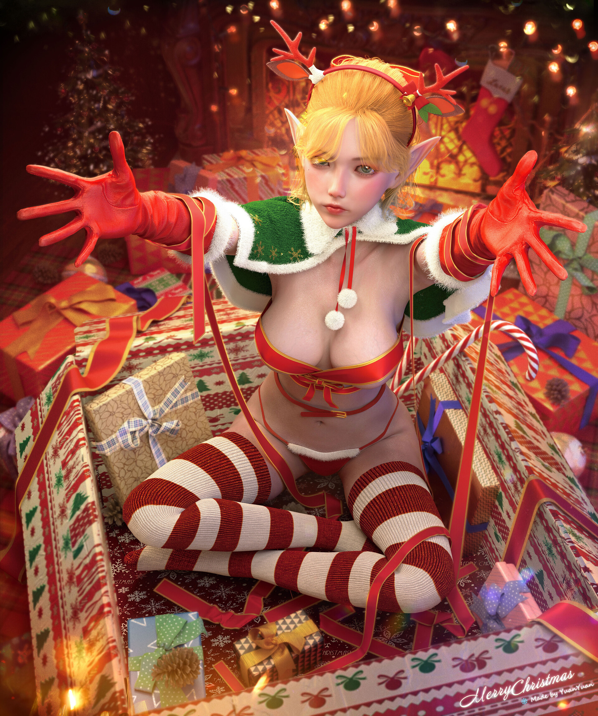 General 1920x2299 Yuan Yuan CGI women blonde Santa girl ribbon stripes Christmas presents naked ribbon panties