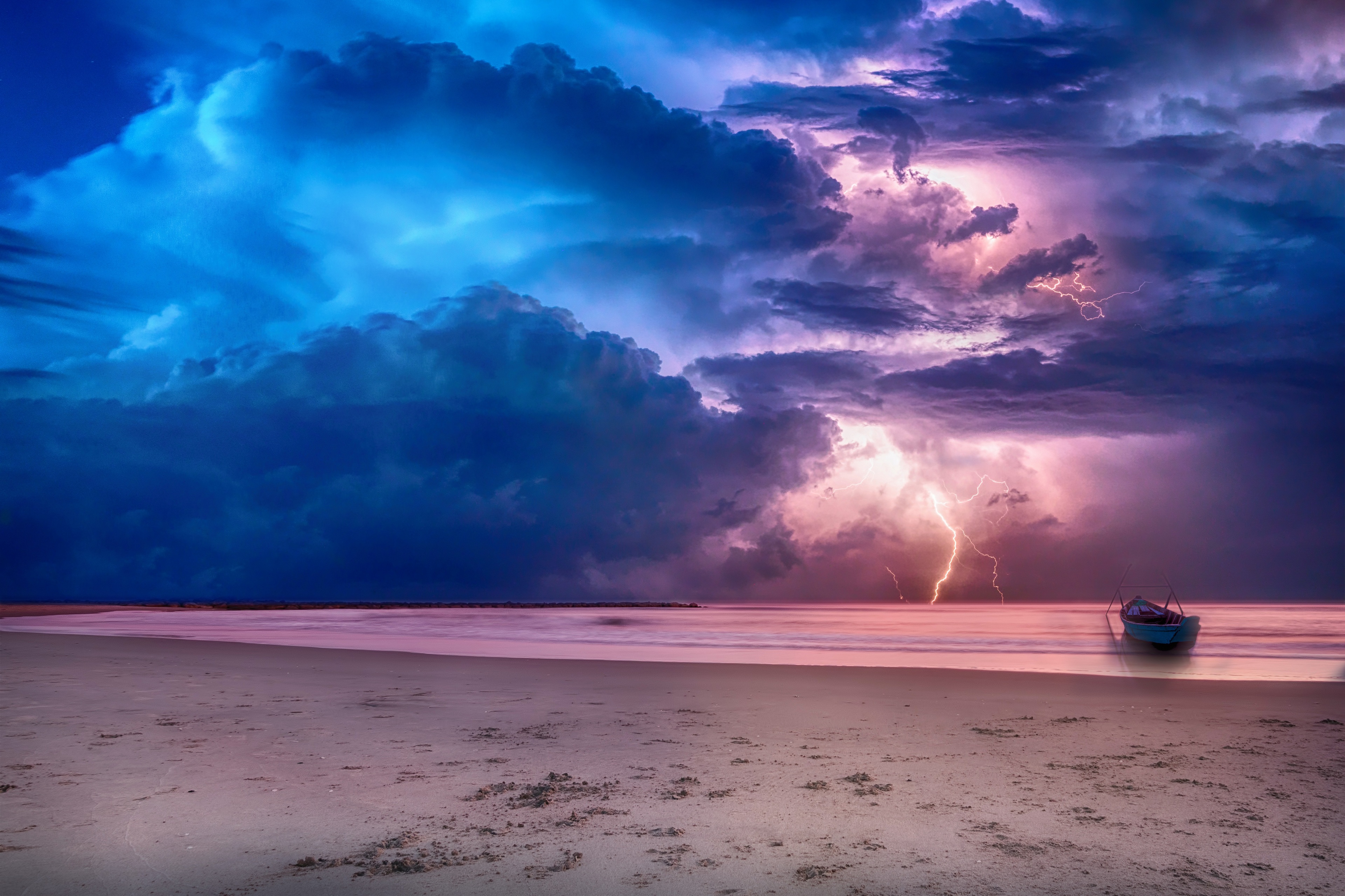 General 3840x2560 lightning nature sea beach boat sky clouds storm