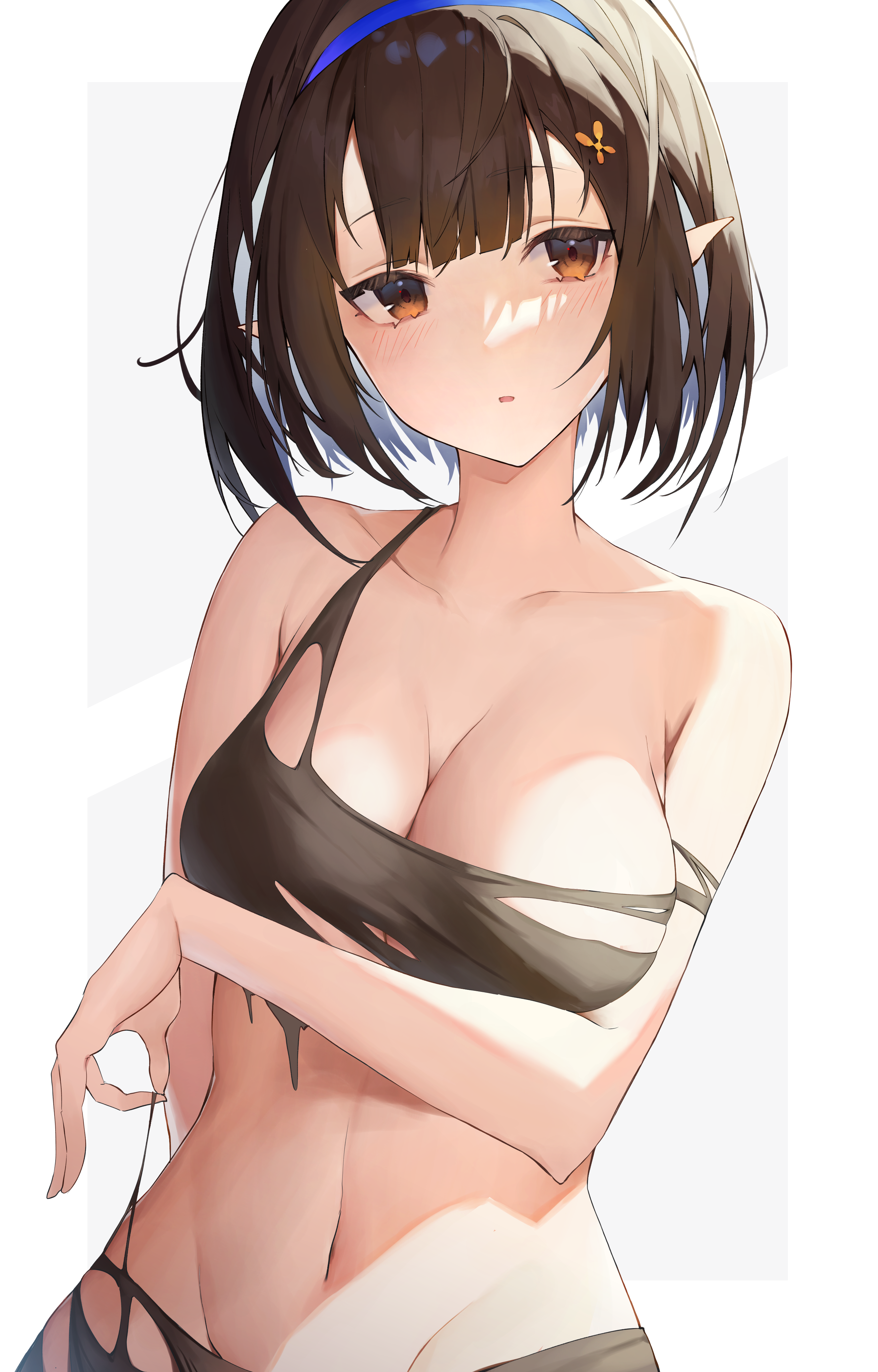 Anime 2621x4093 anime anime girls cleavage belly torn clothes holding boobs big boobs short hair brunette brown eyes pointy ears Arknights Eunectes (Arknights) artwork Kabi