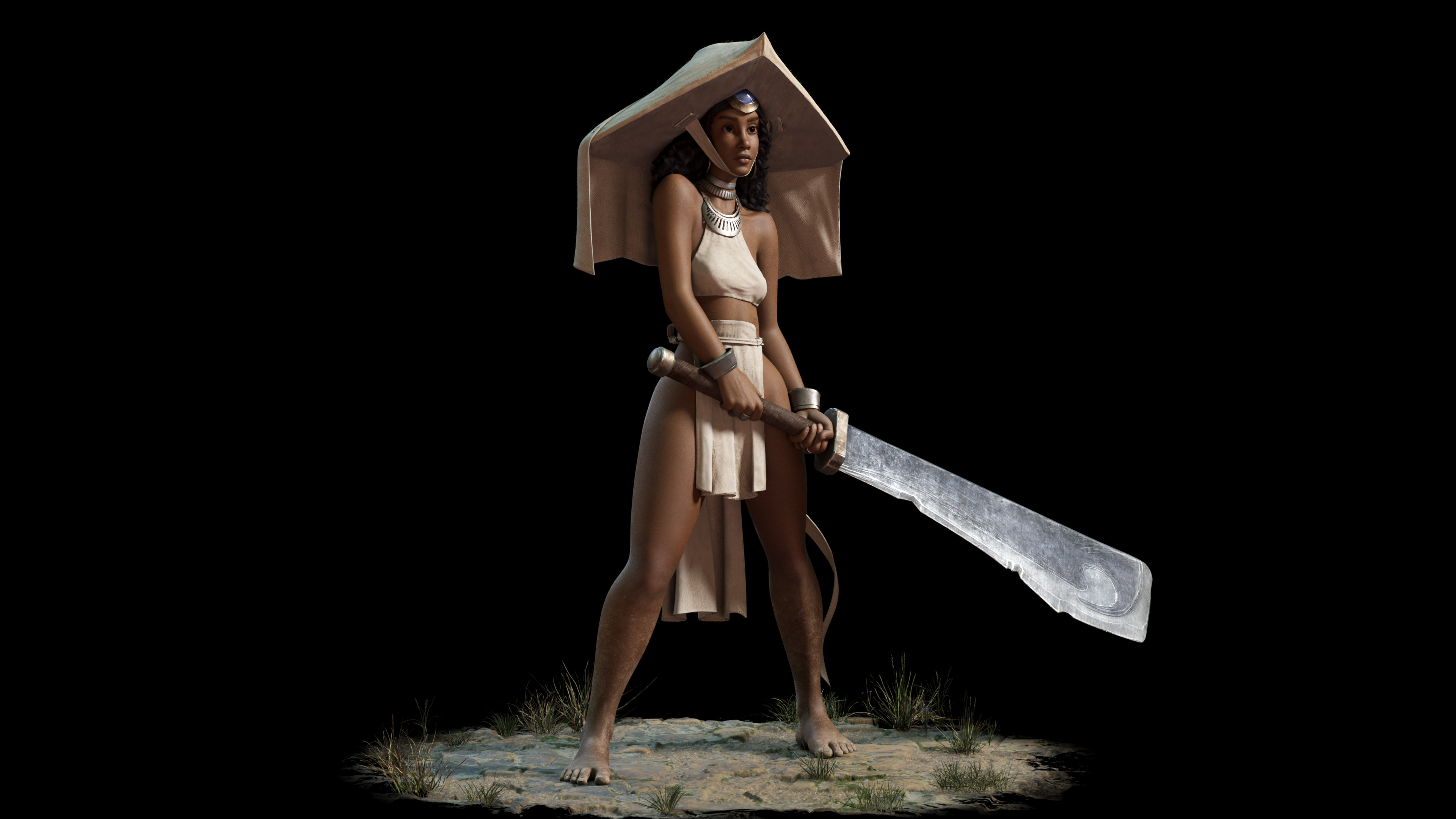 General 3840x2160 Omar Hesham ArtStation women fantasy art fantasy girl women with swords barefoot black background simple background