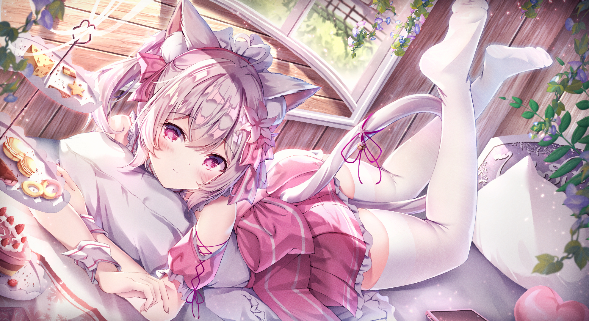 Anime 1980x1080 anime anime girls cat girl cat tail tail stockings white stockings sweets lying on front
