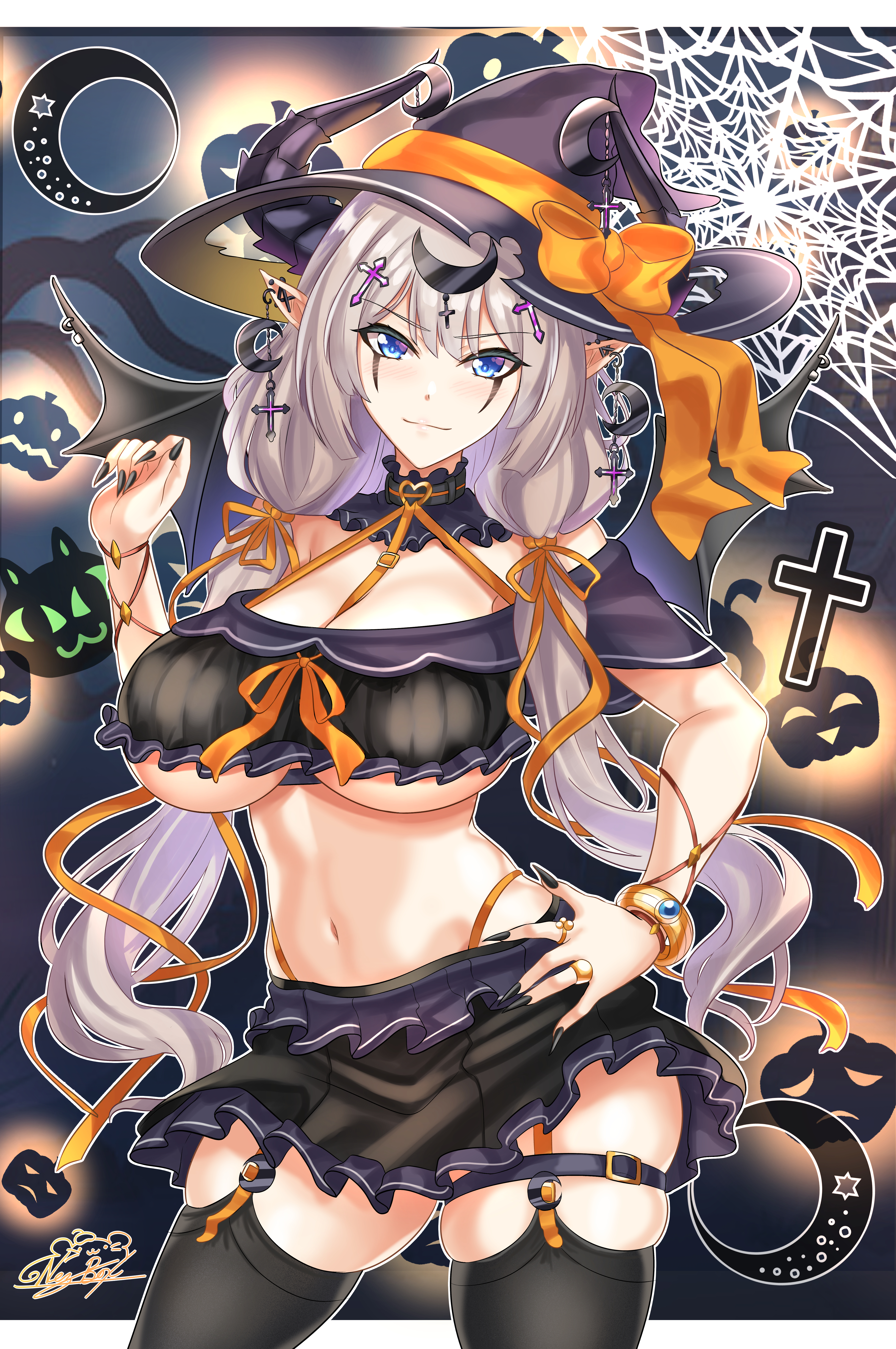 Anime 4156x6258 Nez-Box cleavage anime anime girls halloween costume Halloween witch hat horns pointy ears garter belt