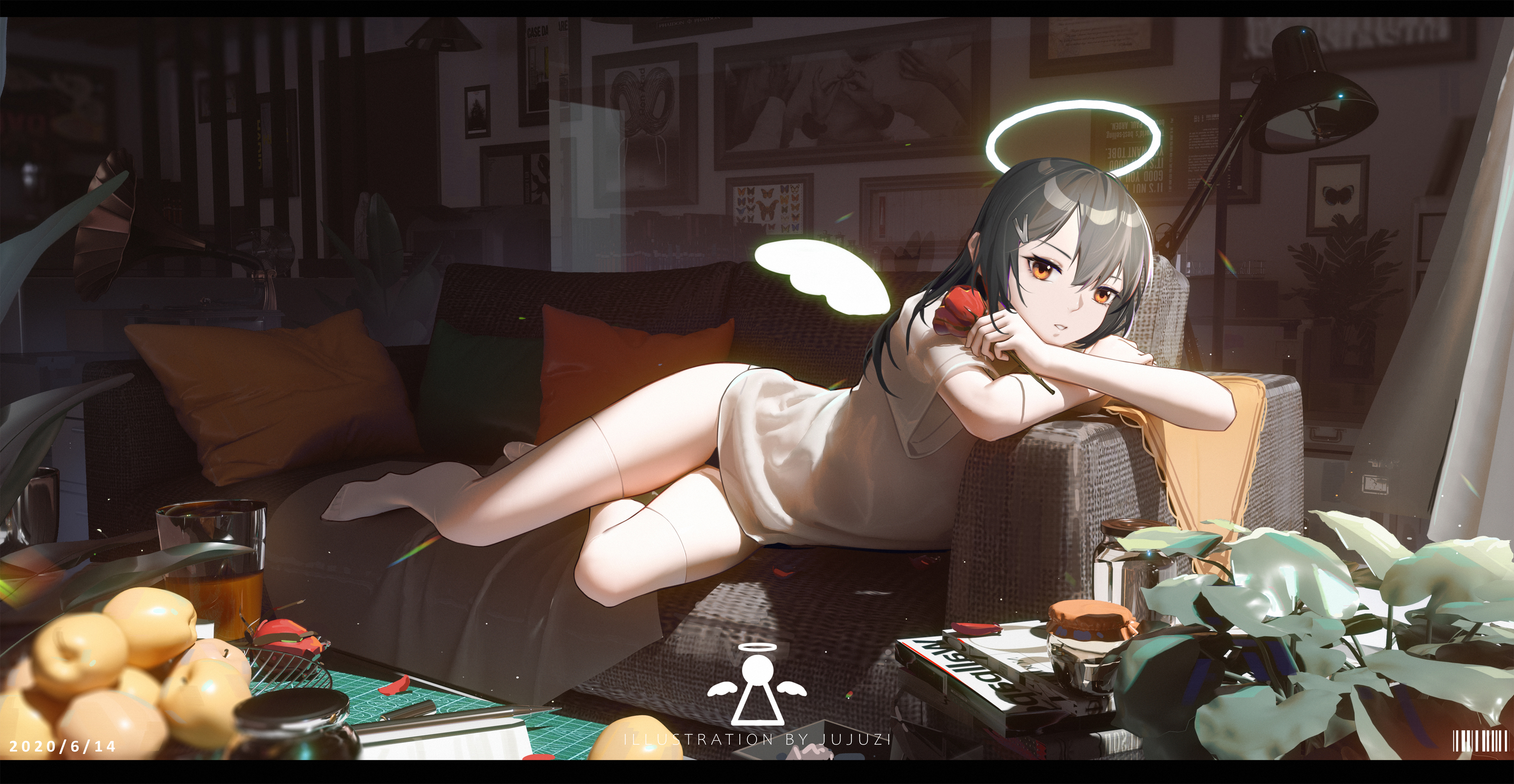 Anime 3176x1645 artwork thigh-highs T-shirt couch angel room indoors anime girls brown eyes black hair XTears halo angel girl