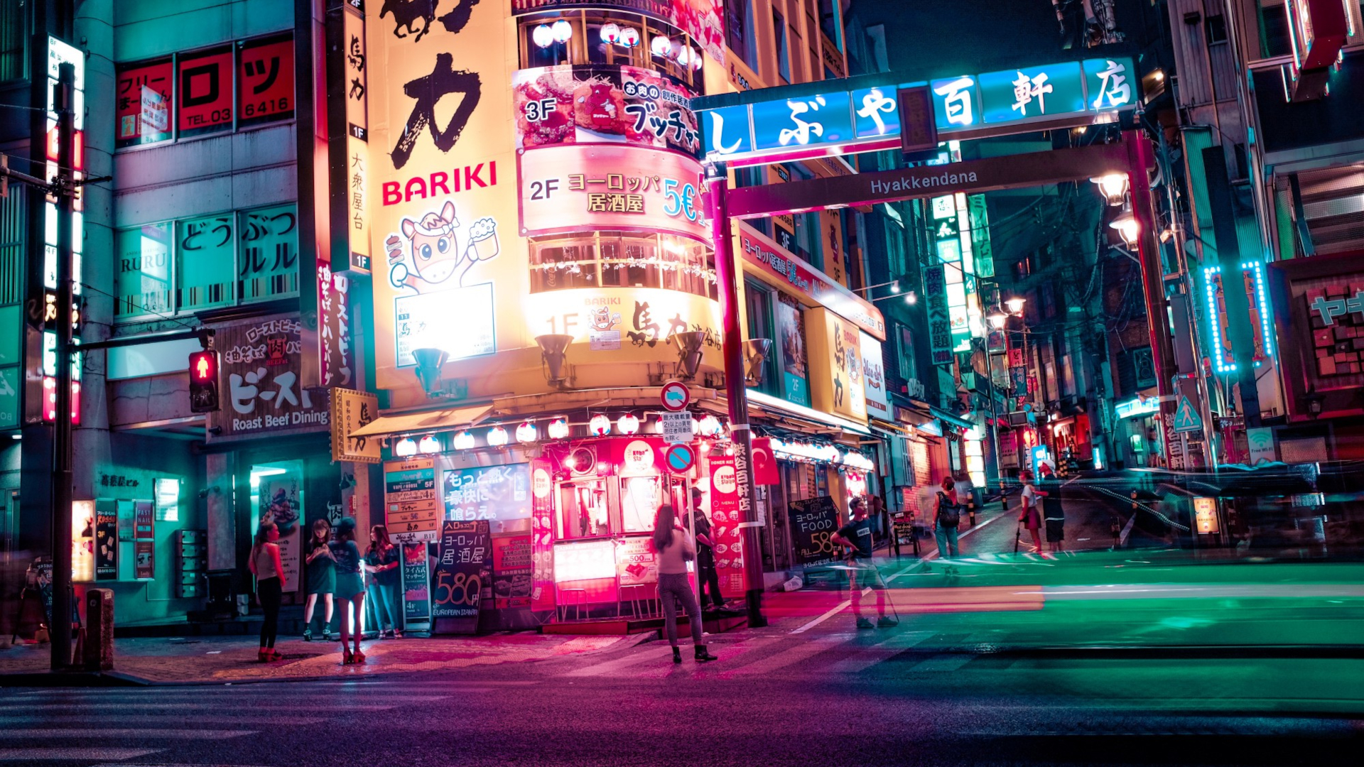 People 1920x1080 Asia city urban night street people city lights stores billboards long exposure Japan