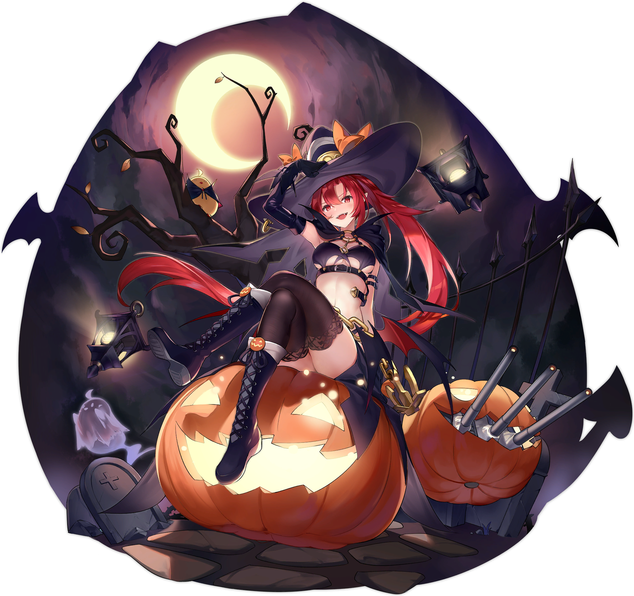 Anime 2048x1926 Halloween pumpkin witch hat ghost witch Azur Lane bra Kaede Manjuu (Azur Lane) thigh-highs transparent background Wichita (Azur Lane) Moon redhead red eyes