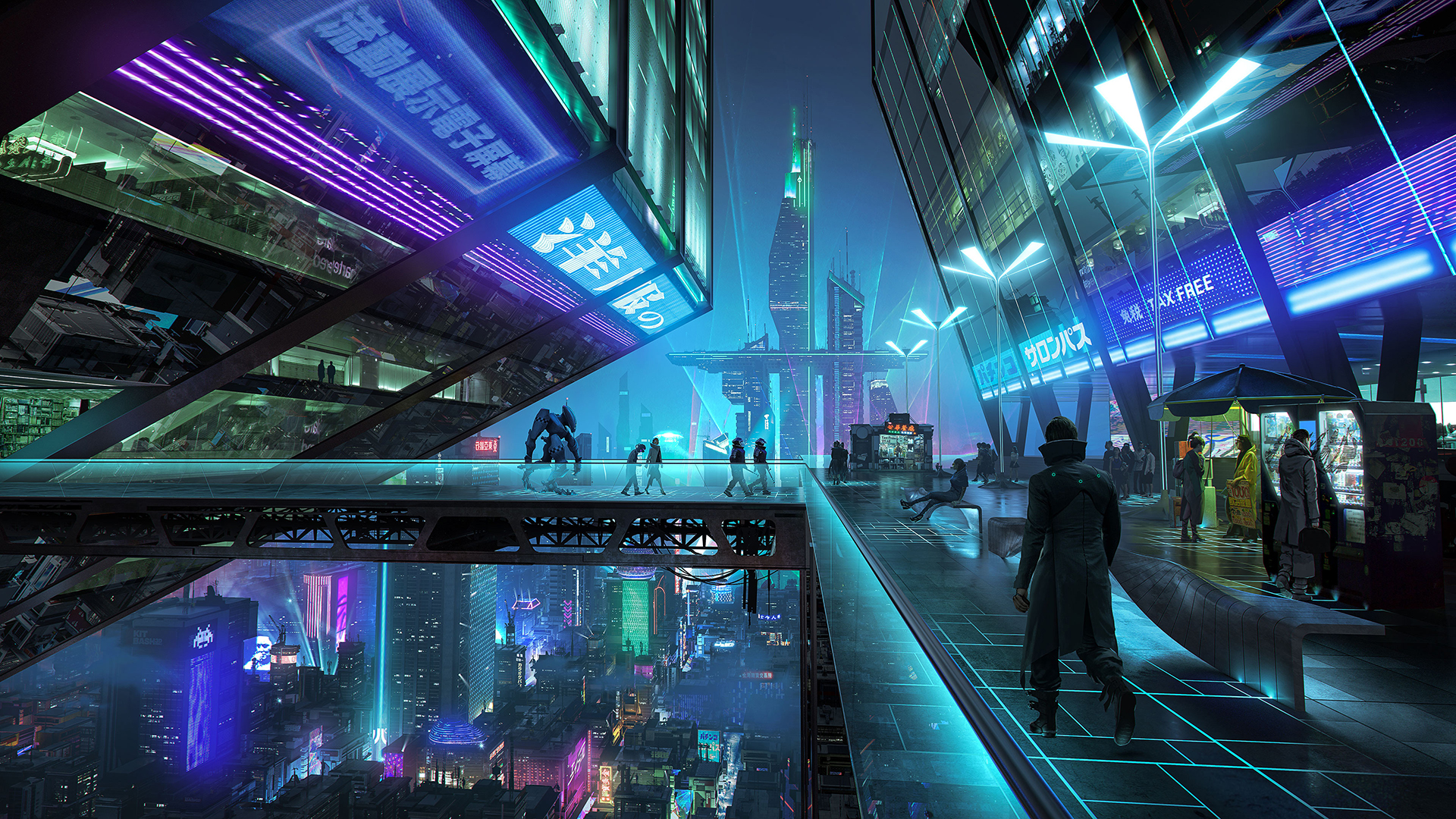 General 1920x1080 digital art building neon lights blue cyan futuristic cyberpunk