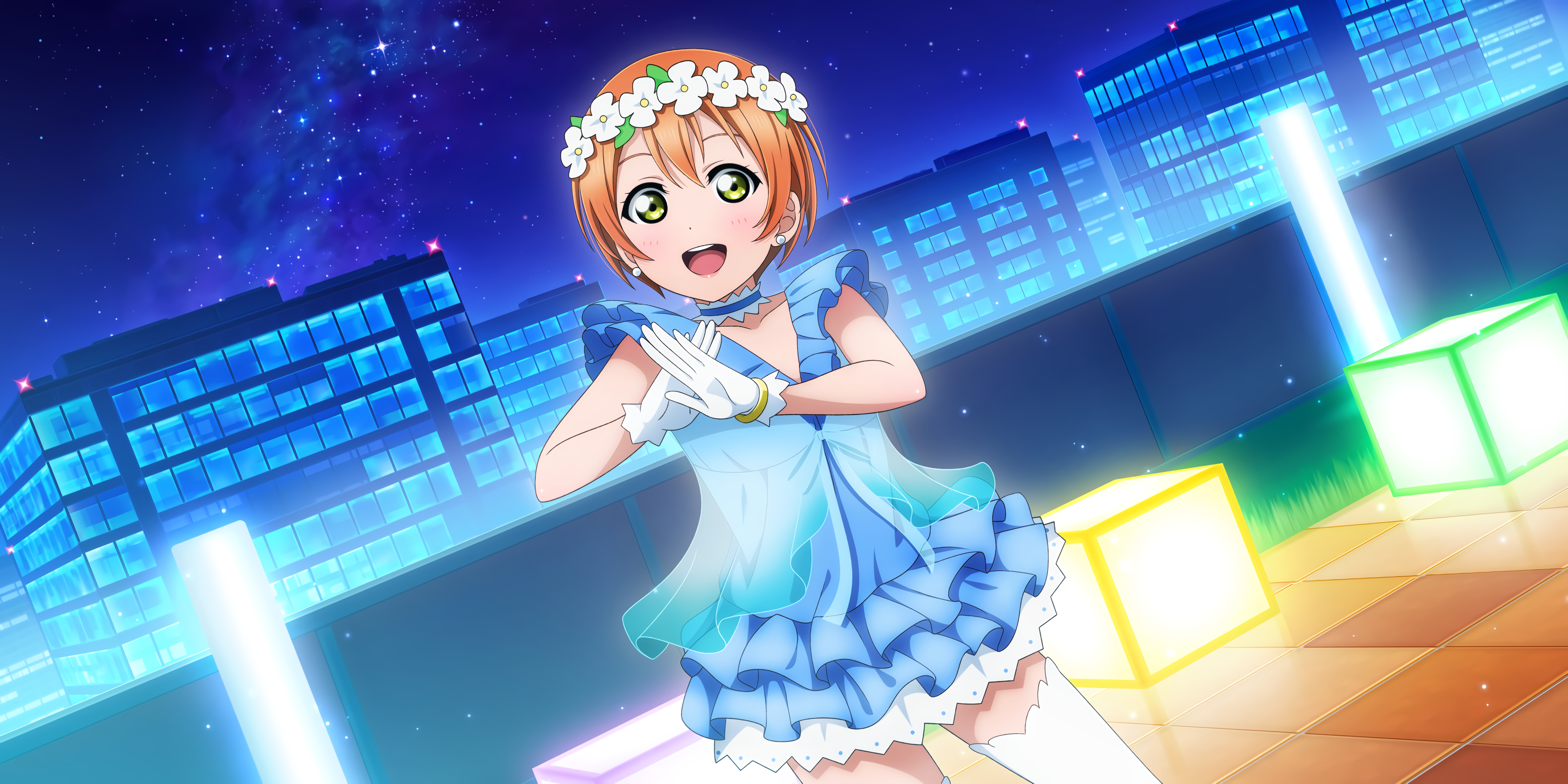 Anime 3600x1800 Love Live! anime girls anime green eyes open mouth dress blue dress gloves looking at viewer colorful flower in hair Hoshizora Rin