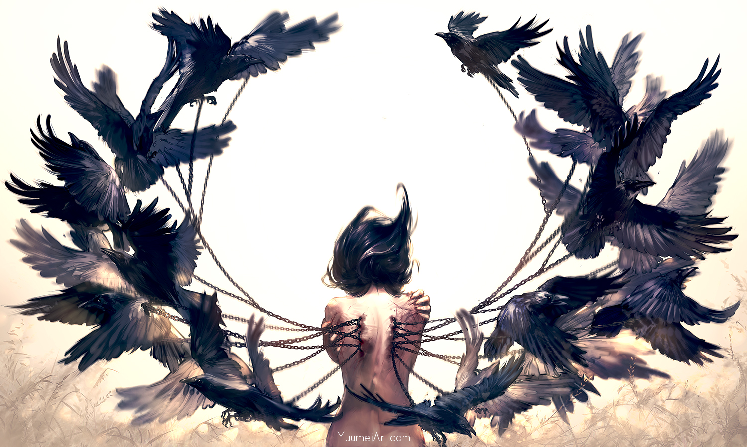 Anime 1500x899 Yuumei digital art crow women nude artwork