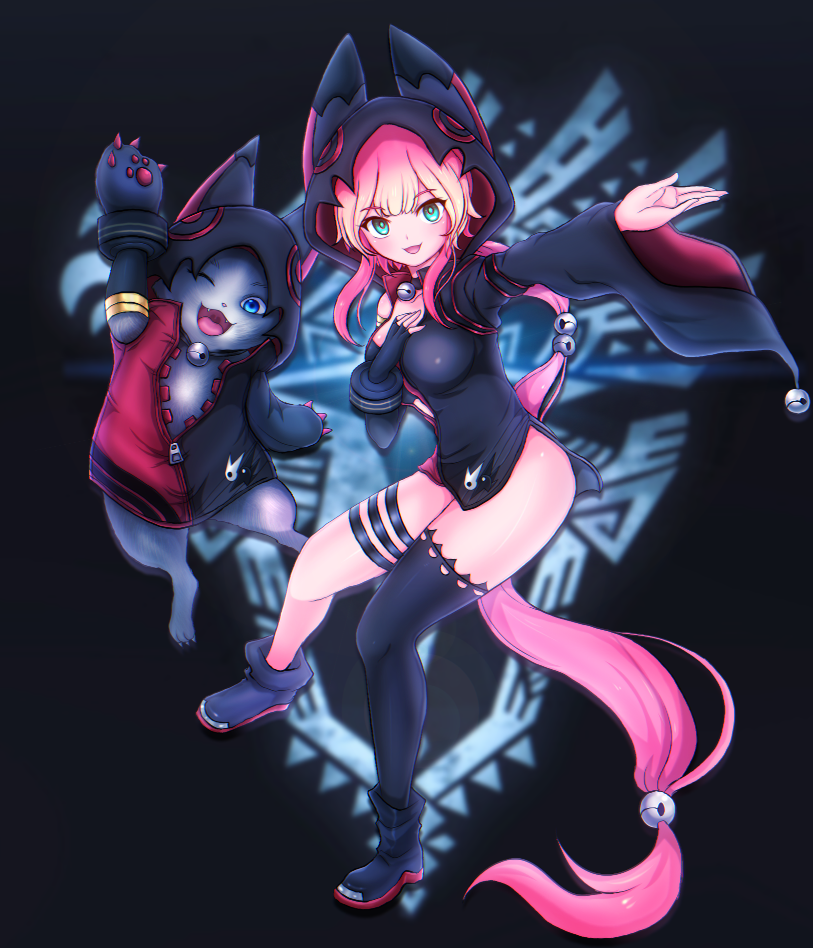 Anime 1666x1942 Soulworker Soulworkers anime girls anime green eyes pink hair tail animal ears legs stockings looking at viewer
