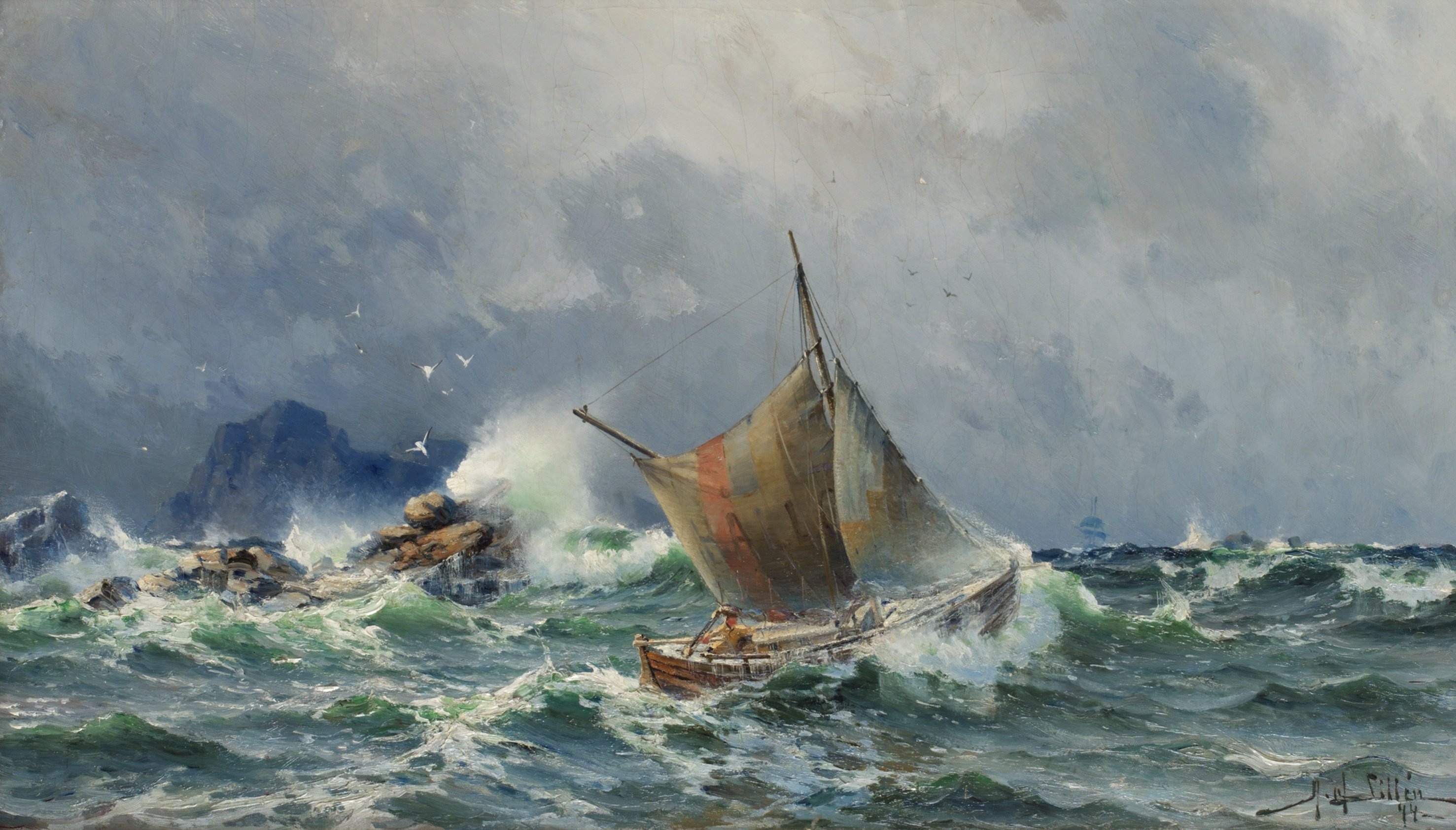General 2954x1684 Herman Gustav Sillen artwork painting classic art sea boat vehicle storm waves