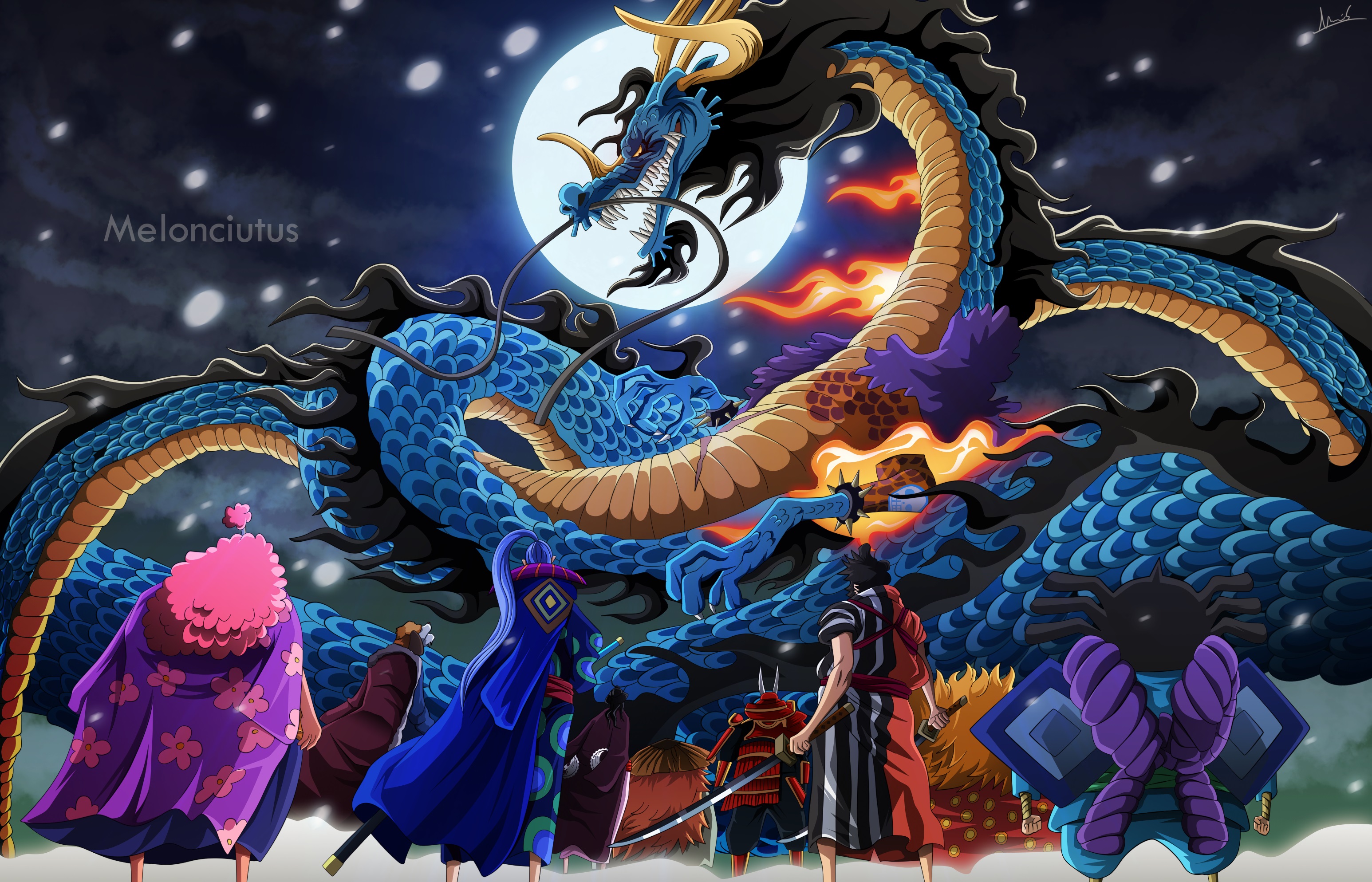 Anime 3092x1988 One Piece Kaido low-angle anime Chinese dragon men rear view moonlight sword artwork fantasy art creature colorful Asia manga Moon