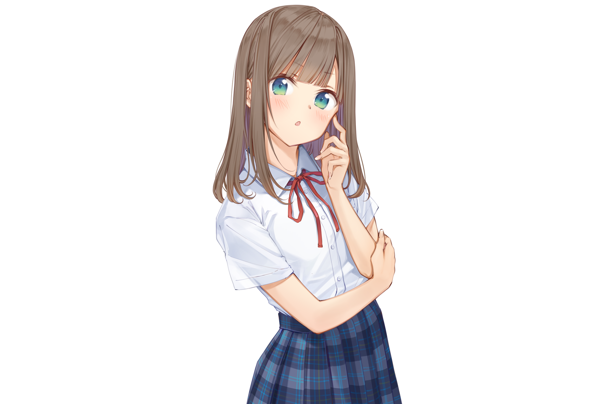 Anime 2356x1556 brunette aqua eyes long hair blushing school uniform ribbon skirt anime girls Maigoyaki