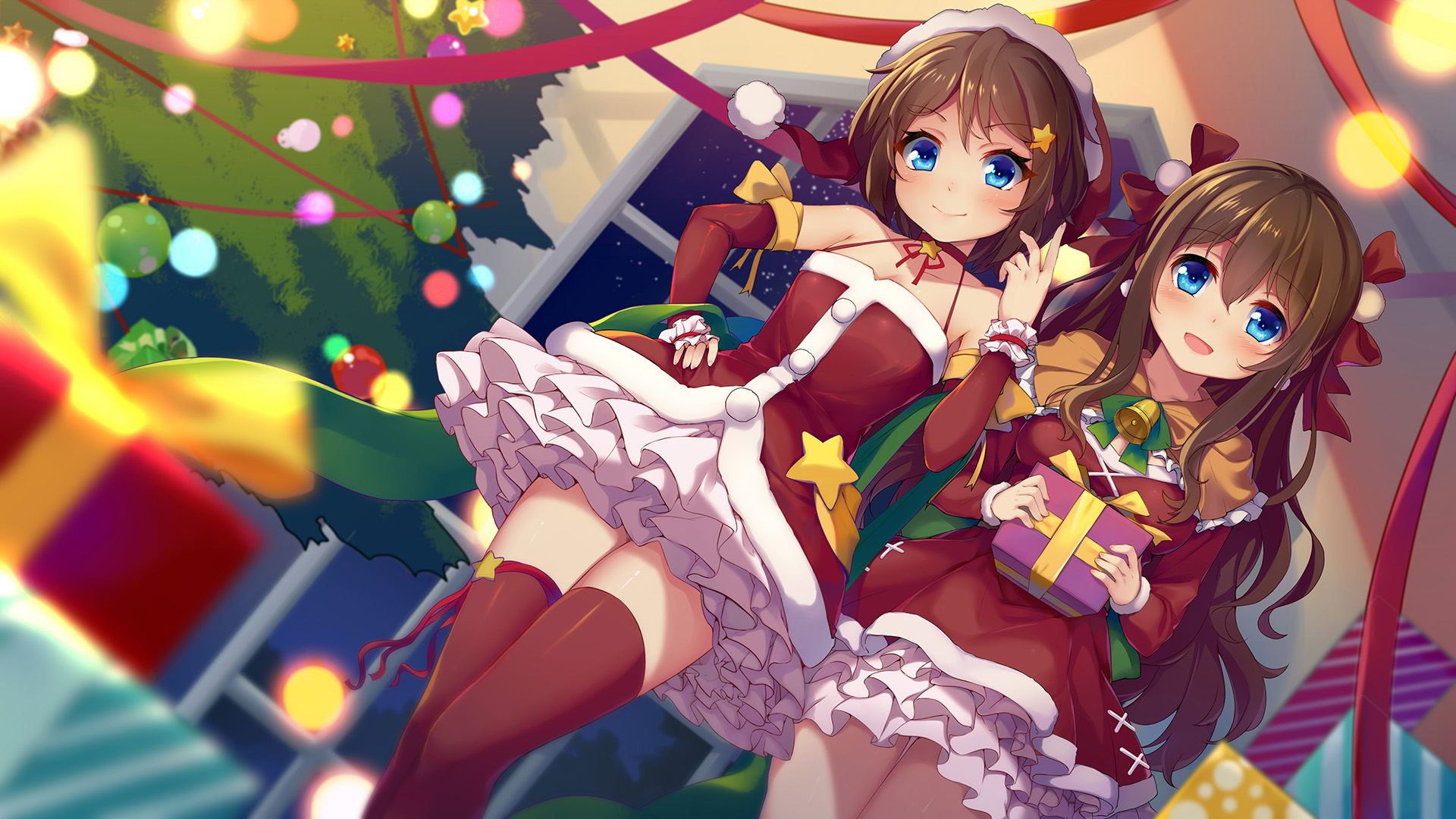 Anime 1920x1080 anime girls Santa costume Christmas tree nerv110 Christmas presents thigh-highs Santa girl brunette blue eyes