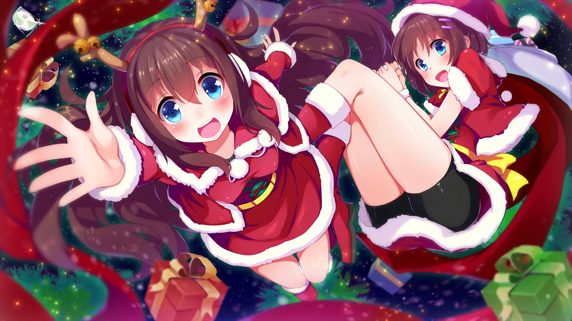 Anime 1920x1080 anime girls Santa costume Christmas nerv110 bike shorts cape Santa girl brunette blue eyes