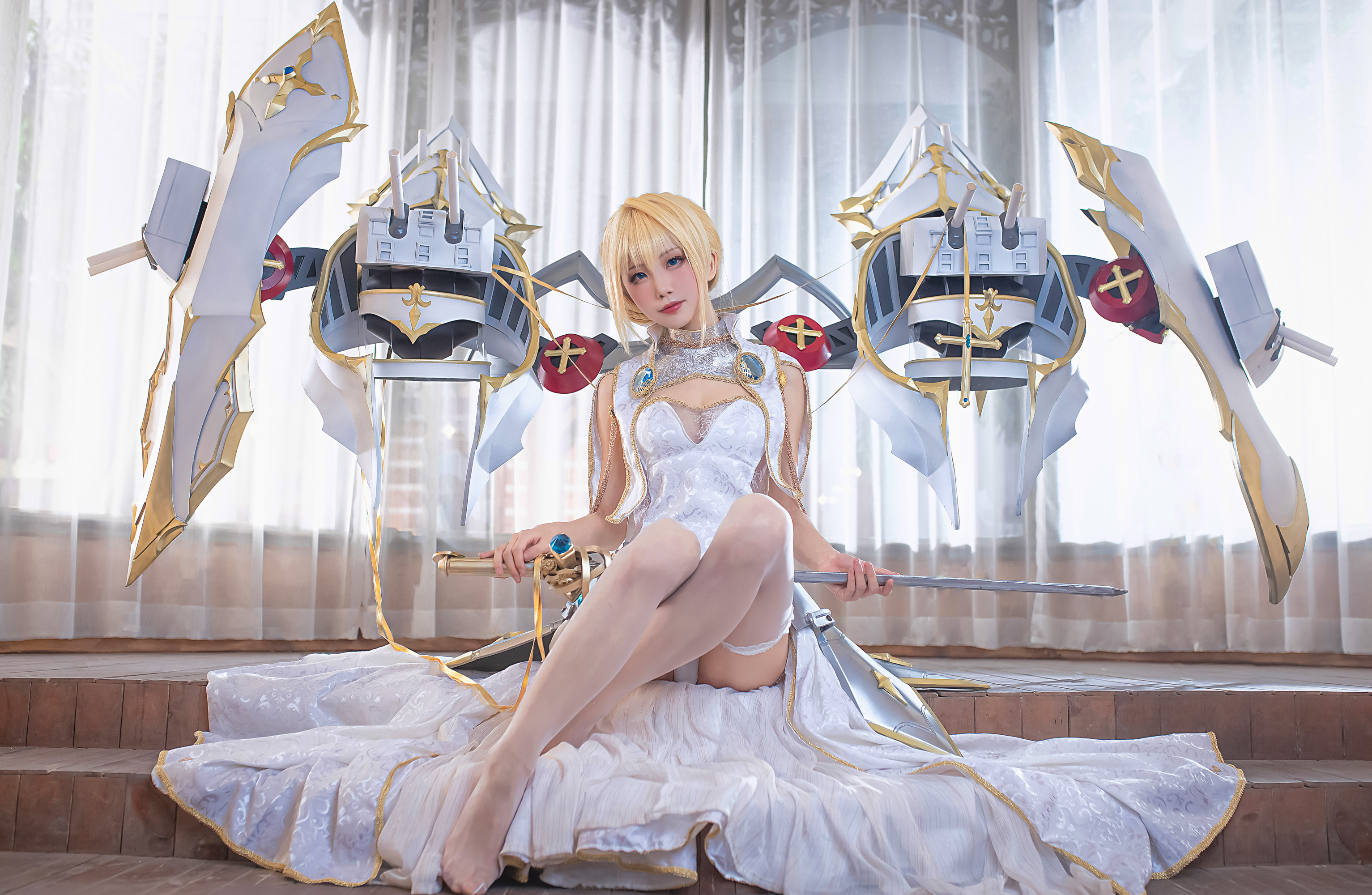 People 3066x2000 women model Asian cosplay Shuimiaoaqua Chinese model Chinese cleavage big boobs women indoors Azur Lane Jeanne d'Arc (Azur Lane) blonde blue eyes looking at viewer pointed toes Chinese women white stockings