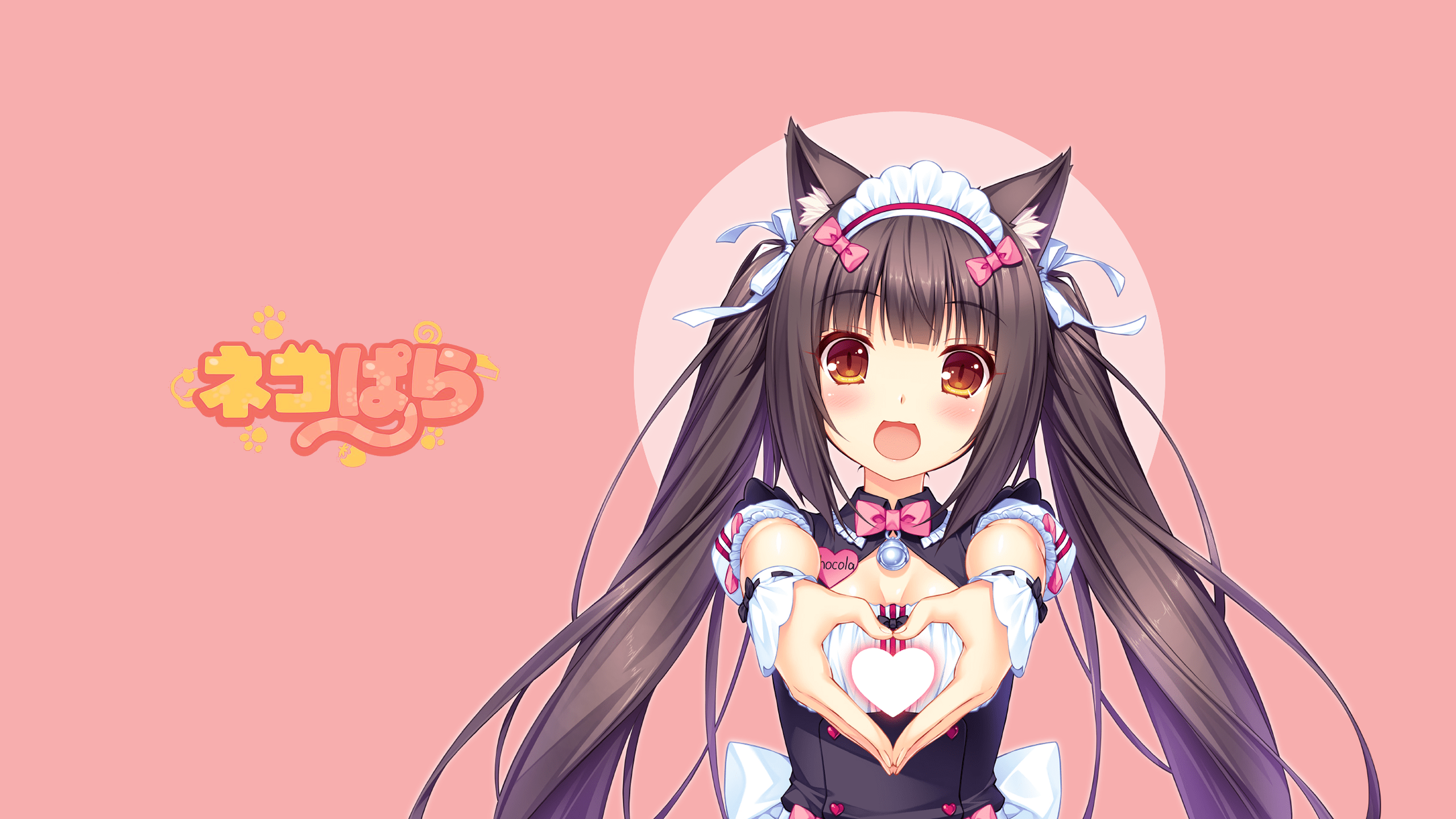 Anime 2560x1440 Nekopara anime girls anime games cat girl heart maid maid outfit waitress animal ears brown eyes brunette twintails Chocolat (Neko Para)