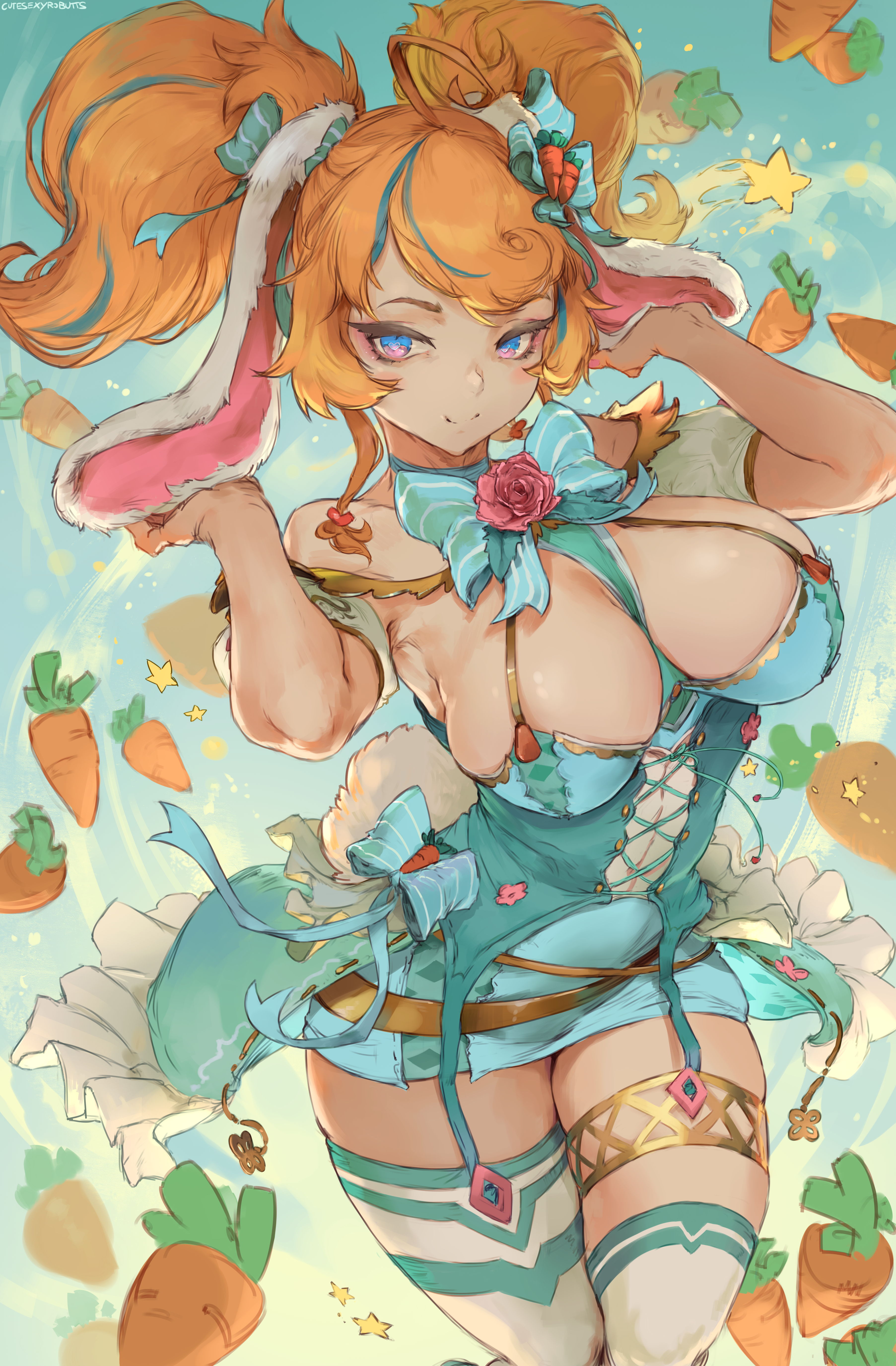 Anime 3610x5500 anime anime girls looking at viewer bare shoulders no bra big boobs corset fantasy girl portrait display drawing artwork fan art Cutesexyrobutts Virtual Youtuber bunny girl Bunny Gif thigh-highs carrots blonde 2D bunny ears twintails smiling cleavage stockings dress vegetables
