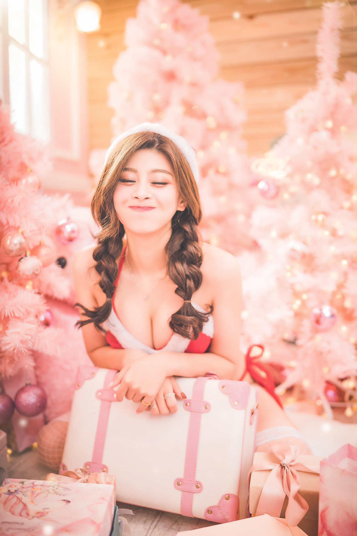 People 1365x2048 Christmas Christmas ornaments  women cleavage women indoors pink colorful dyed hair Christmas tree Christmas presents Chinese Chinese model curvy white stockings lace pale bare shoulders Asian Christmas women PinQ