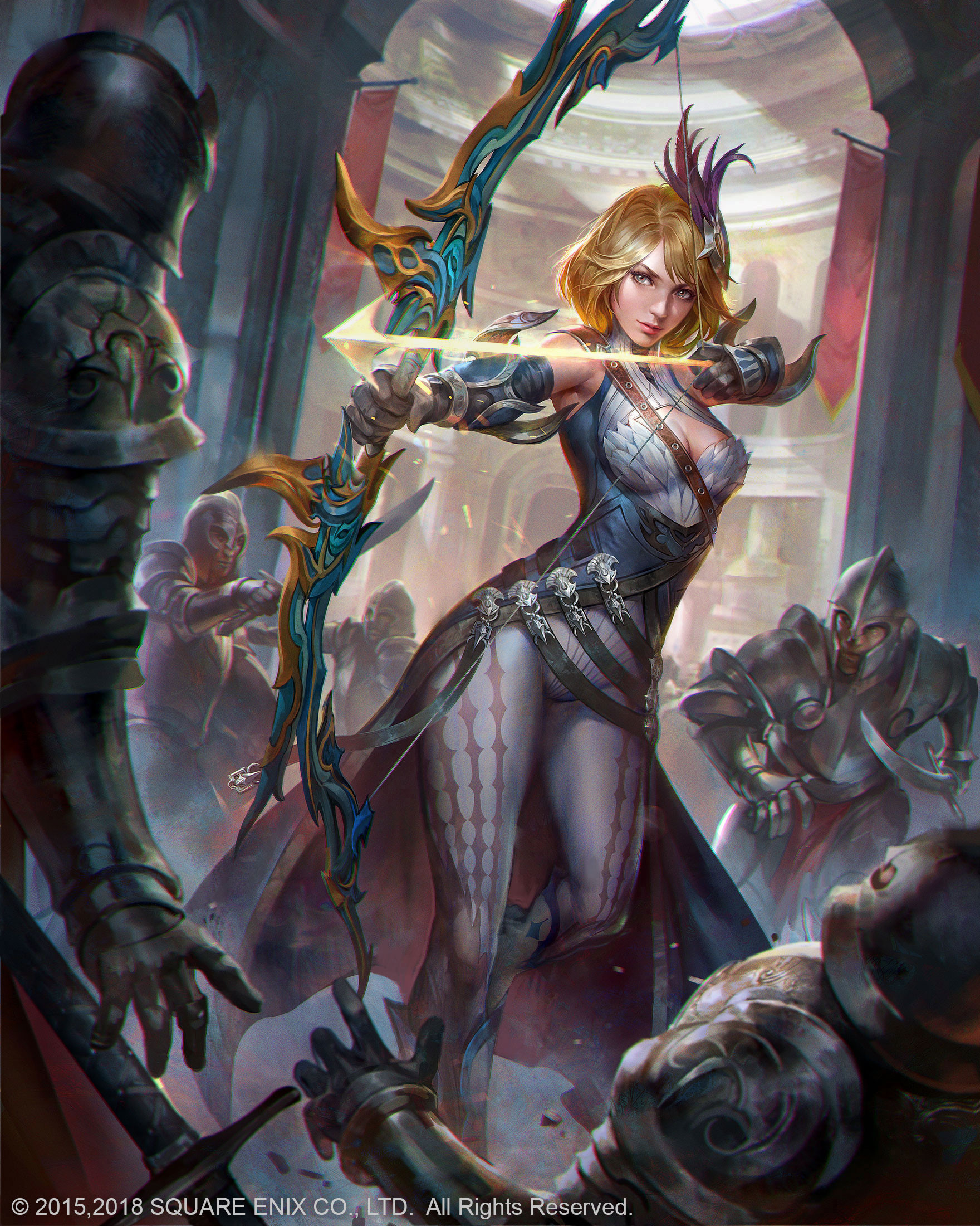 General 1760x2200 Jeremy Chong drawing fantasy art women blonde short hair feathers bow arrows magic fighting archer
