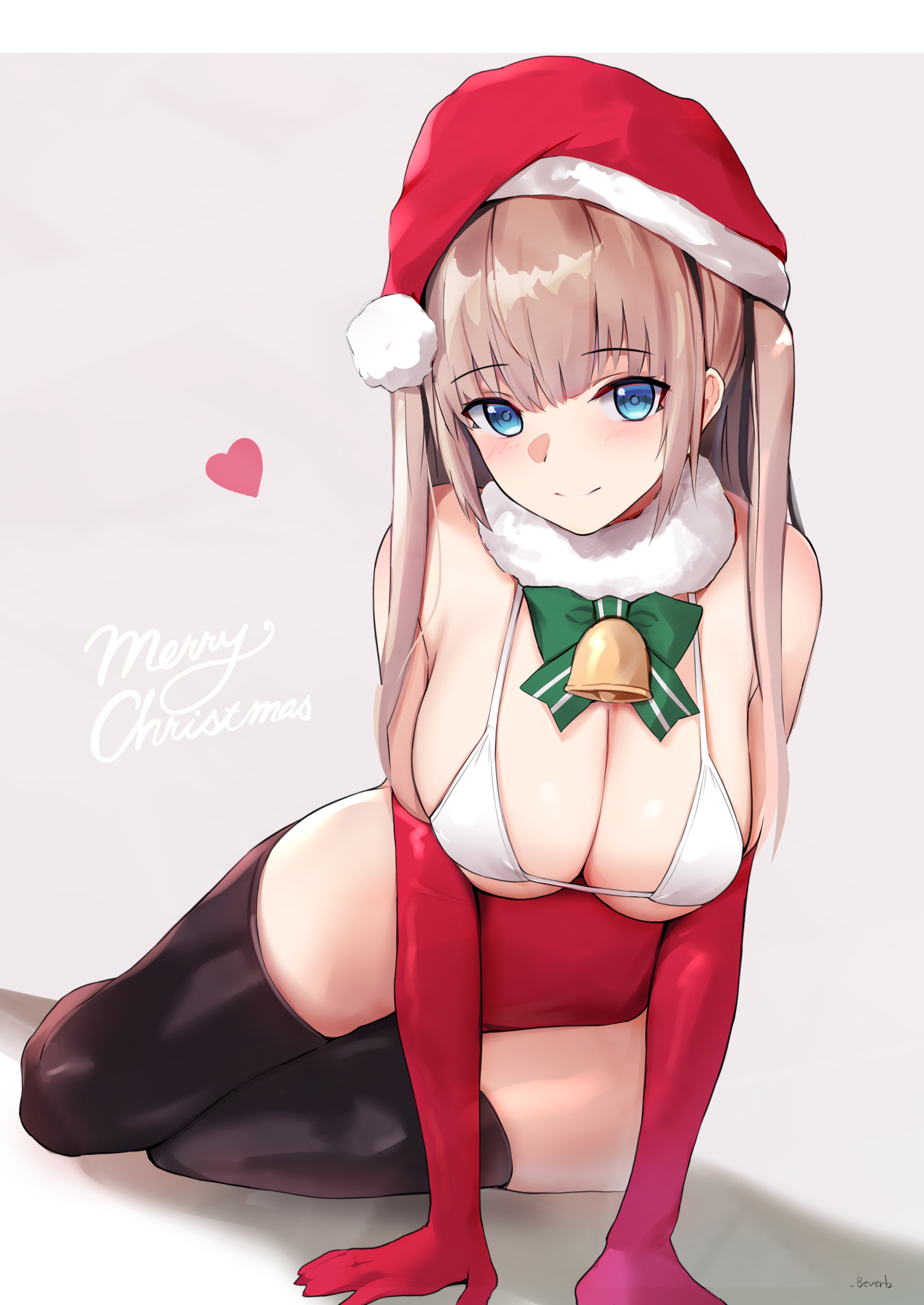Anime 2508x3541 anime anime girls digital art artwork 2D portrait display cleavage big boobs blue eyes brunette thigh-highs bikini top Santa hats Santa girl bent over Christmas Bee Doushi
