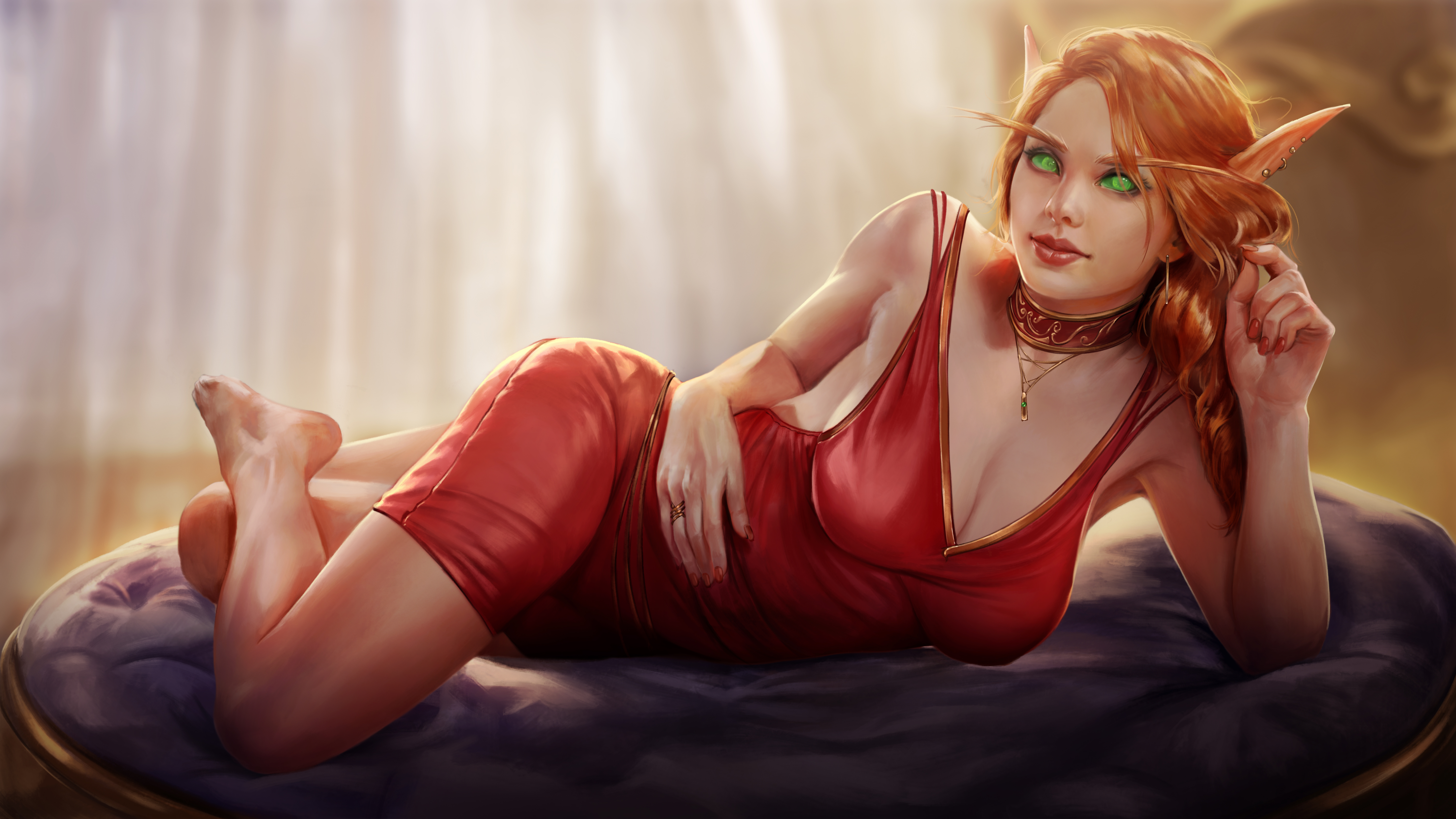 General 6000x3375 Firolian video game art video game girls artwork lying on side red dress cleavage pointy ears red clothing fan art video games barefoot legs digital painting digital art green eyes video game characters looking at viewer women World of Warcraft Lady Liadrin fictional fictional character