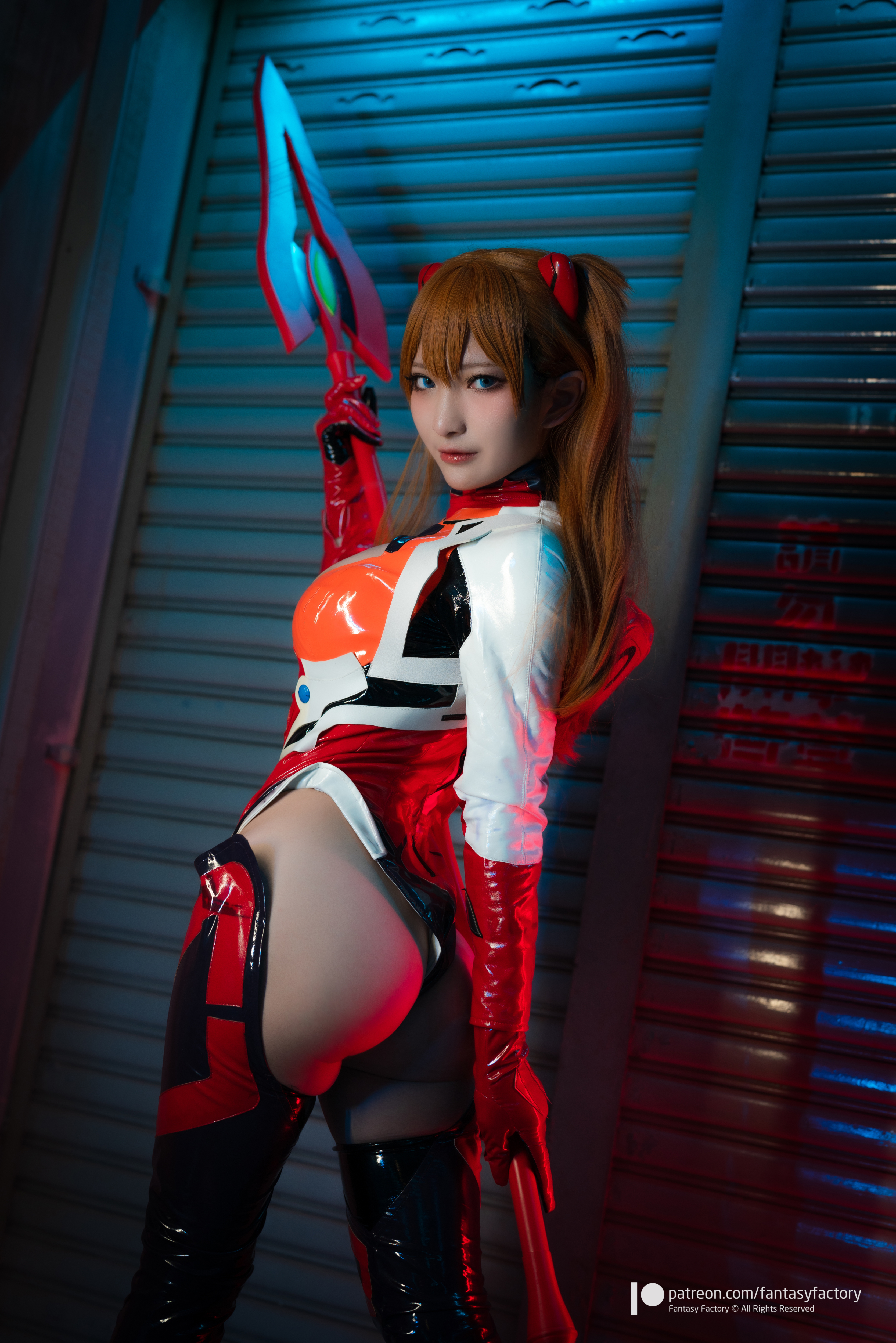 People 3335x5000 Fantasy Factory women model Asian cosplay Asuka Langley Soryu Neon Genesis Evangelion anime anime girls spear plugsuit bodysuit redhead twintails indoors women indoors looking at viewer ass