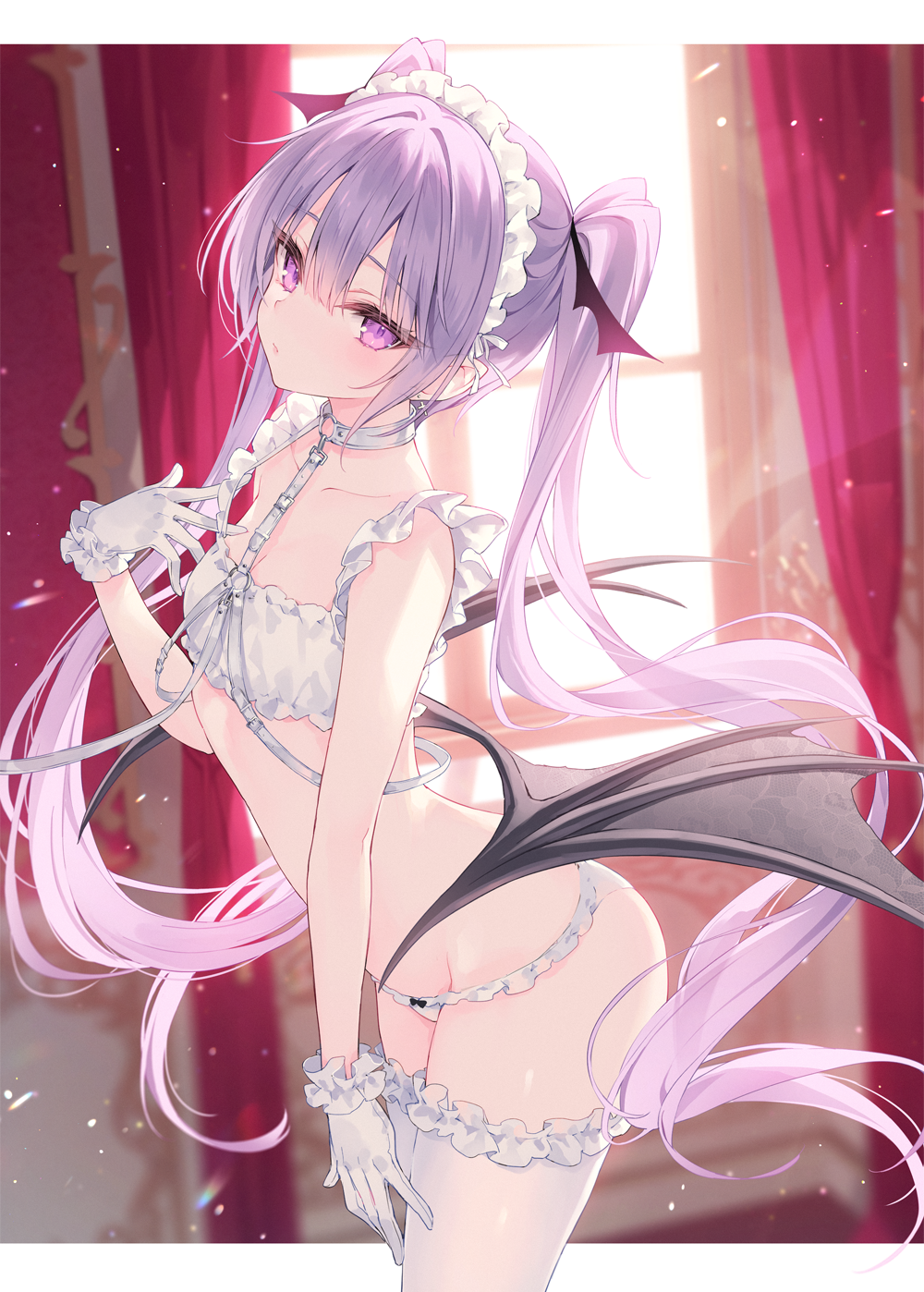 Anime 1000x1398 digital art anime anime girls 2D portrait portrait display looking at viewer purple eyes purple hair twintails wings thigh-highs maid outfit gloves underwear artwork Rurudo