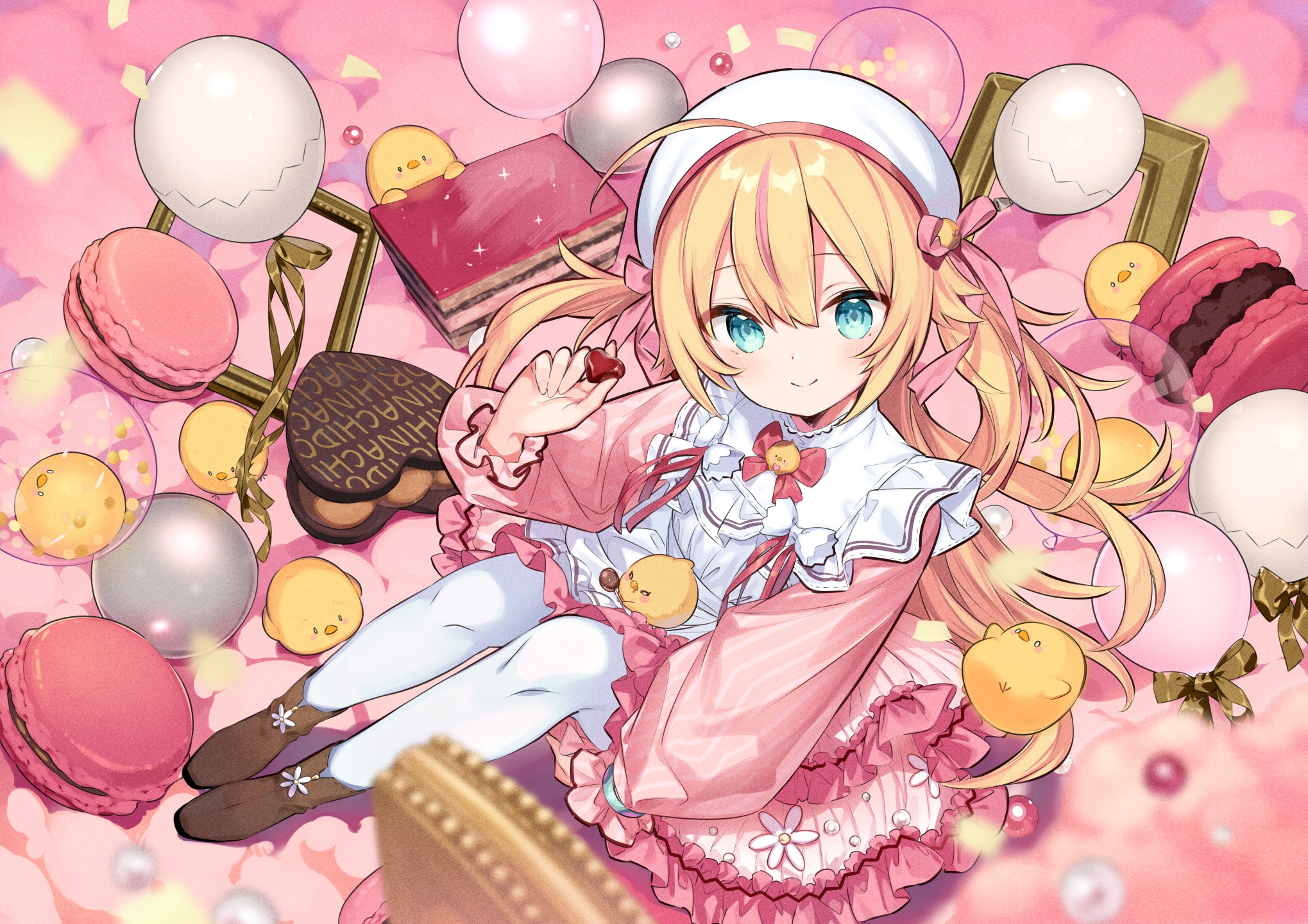 Anime 2039x1441 anime anime girls sweets Kiya Machi artwork Virtual Youtuber blonde aqua eyes berets dress loli