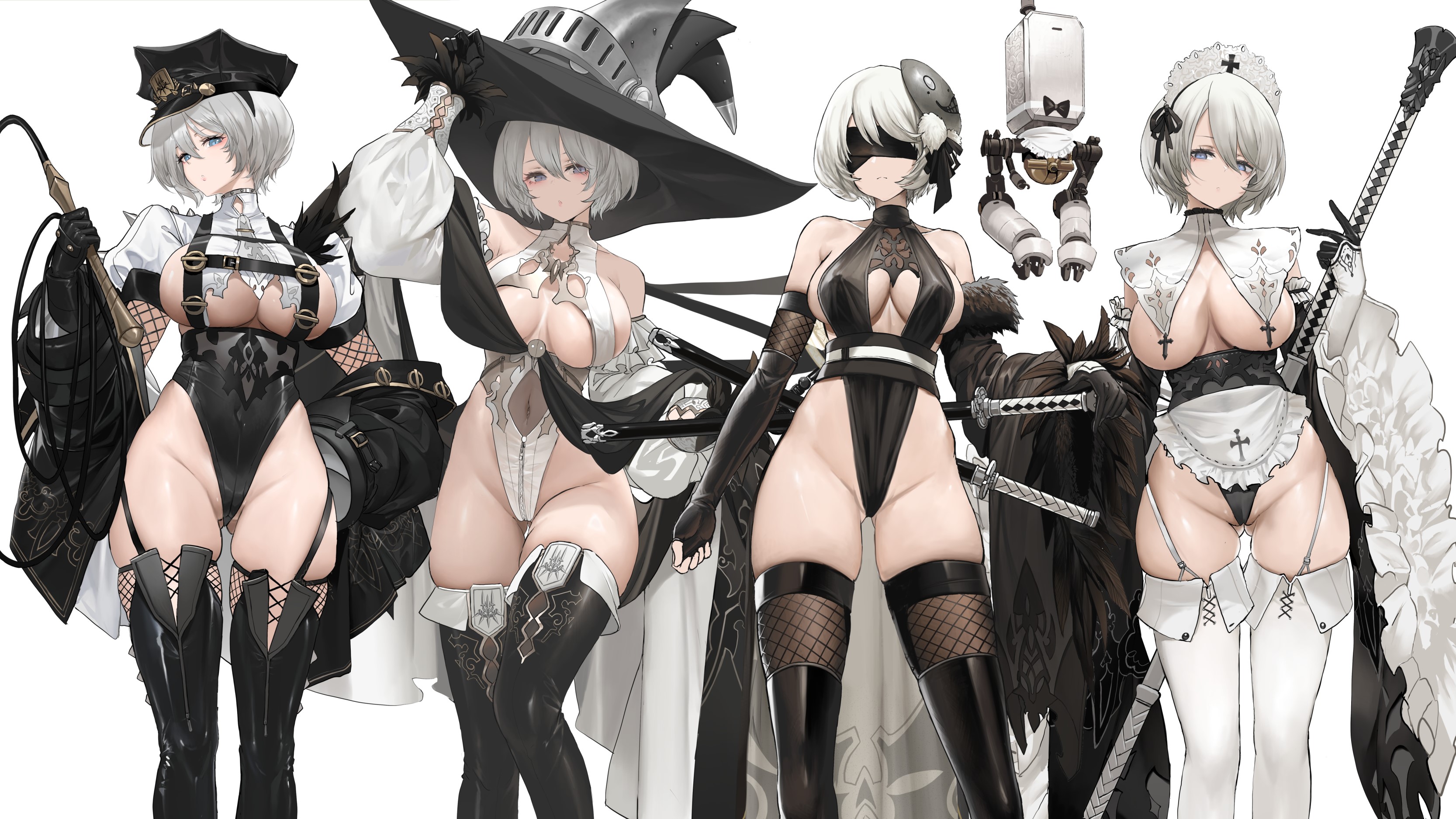 Anime 3333x1874 Dishwasher1910 Nier: Automata 2B (Nier: Automata) anime anime girls simple background looking at viewer short hair silver hair standing lingerie boobs sideboob underboob big boobs nun outfit fishnet stockings black stockings thighs thigh high boots thick thigh cleavage cutout curvy thick body blindfold witch hat police costume thigh-highs Skindentation weapon