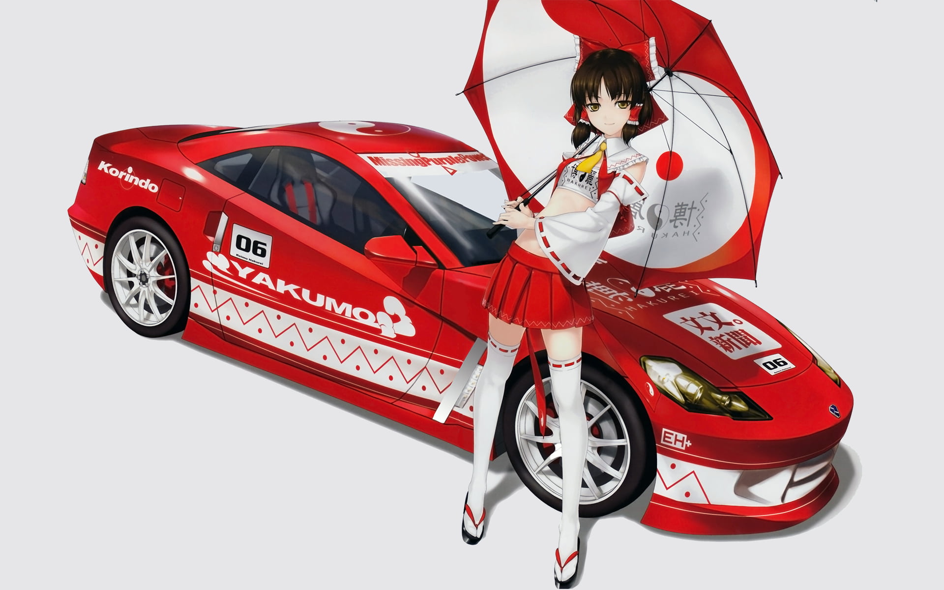 Anime 1920x1200 anime anime girls rokuwata tomoe artwork Touhou Hakurei Reimu Race Queen Outfit umbrella car
