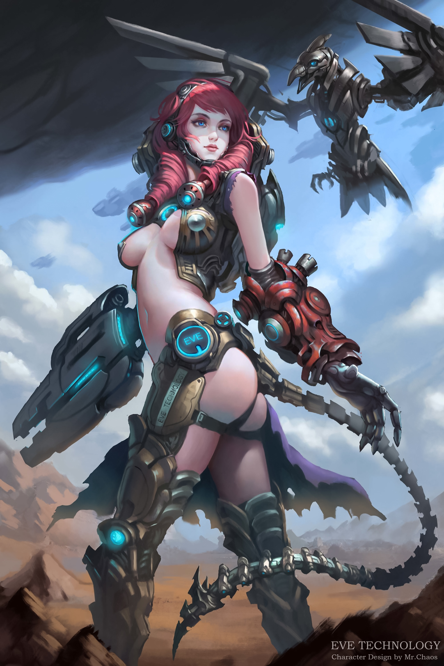 General 1440x2160 Wenfei Ye drawing women redhead skimpy clothes science fiction ass cyborg birds tail weapon blue eyes