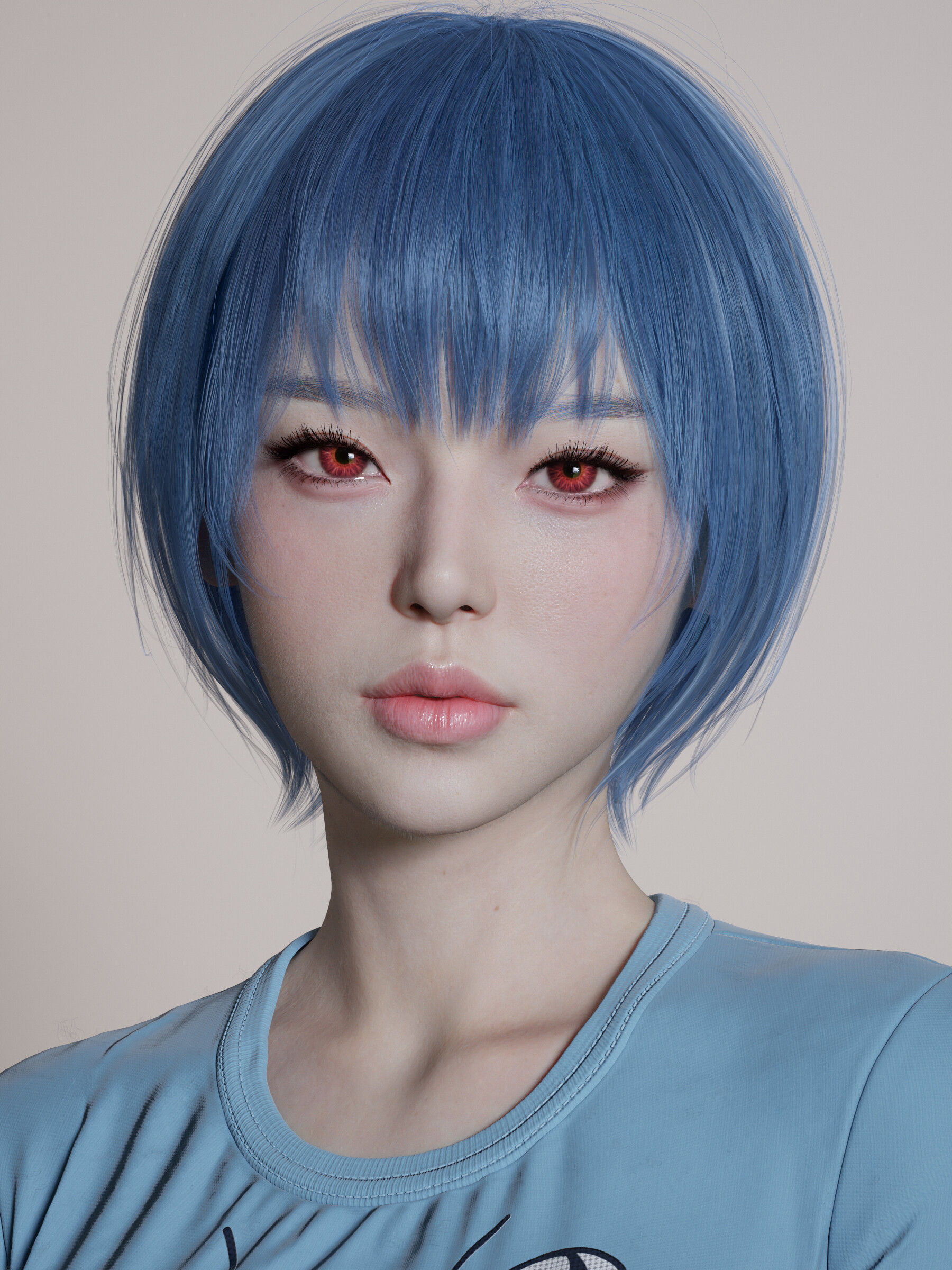 General 1800x2400 CGI women Asian red eyes blue hair face portrait simple background white background Eunji Lee ArtStation