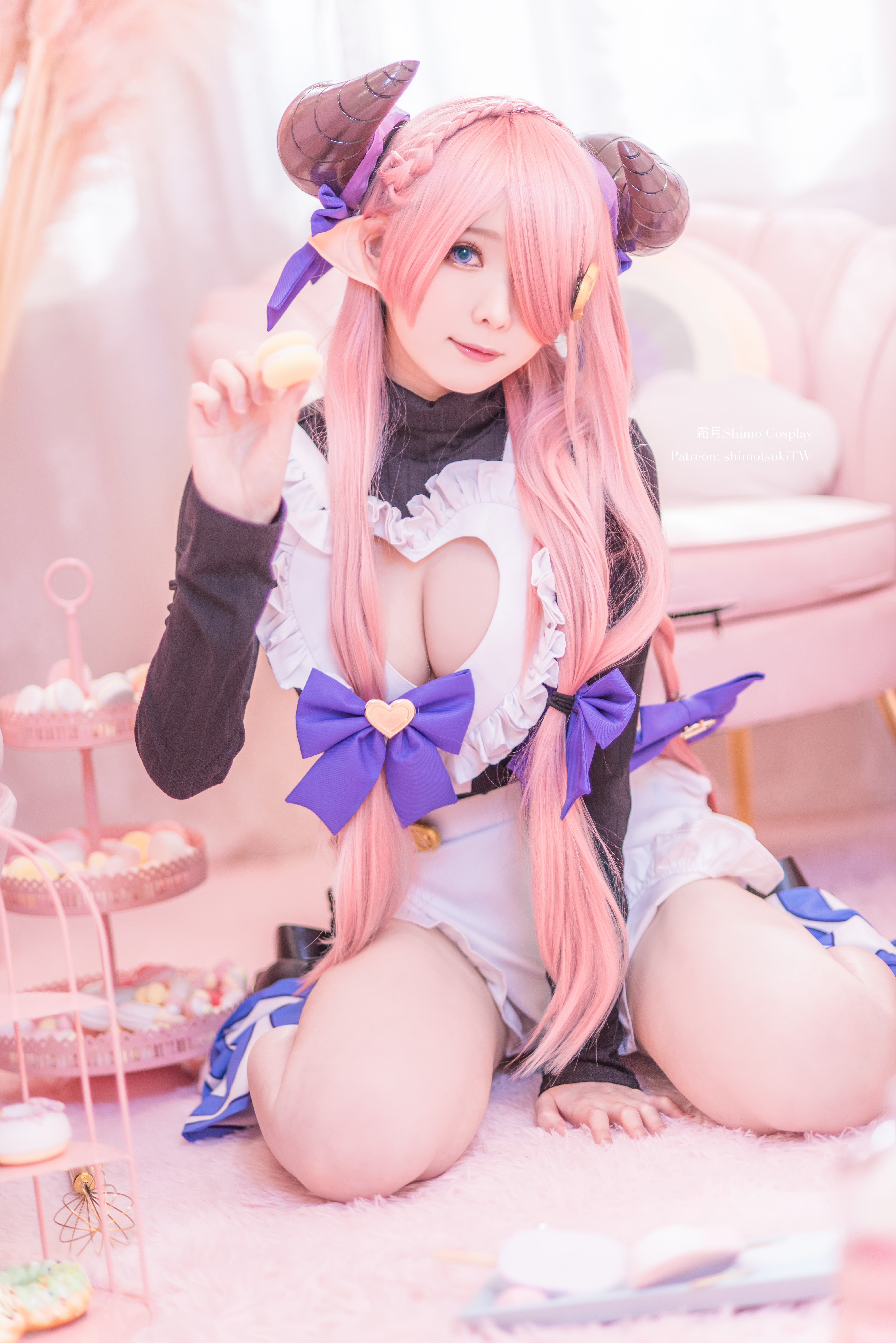 People 4912x7360 Shimo Cosplay women model Asian cosplay Narumeia (Granblue Fantasy) Granblue Fantasy portrait display dress apron maid maid outfit horns pink hair looking at viewer hair over one eye kneeling thighs macarons indoors women indoors smiling on the floor cleavage cutout
