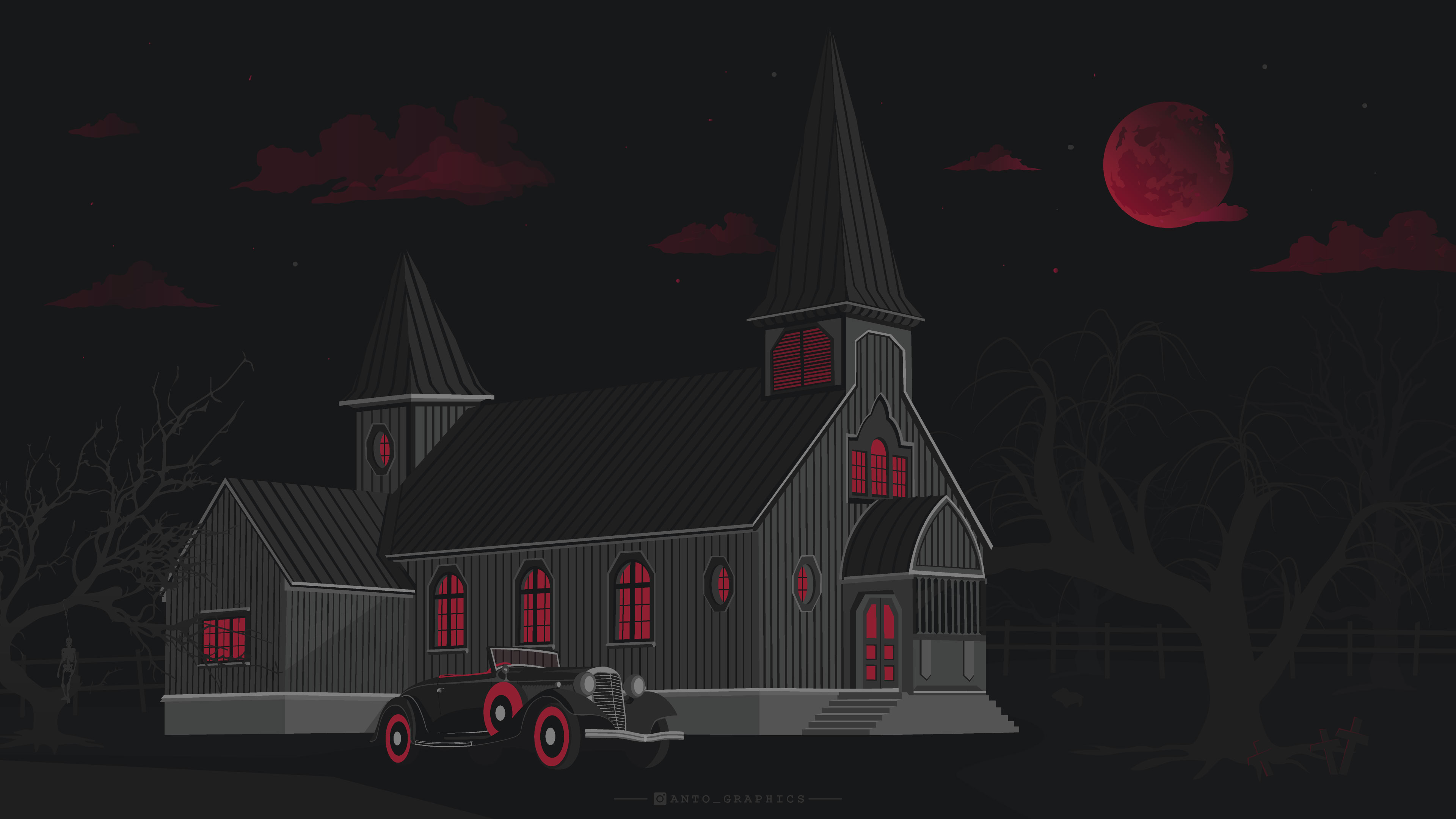 General 3840x2160 antographics Blood moon Moon Castle house forest trees silhouette red neon vintage classic car dark dark background illustration digital art fence vehicle castle horror haunted mansion mansions skeleton pigs cross