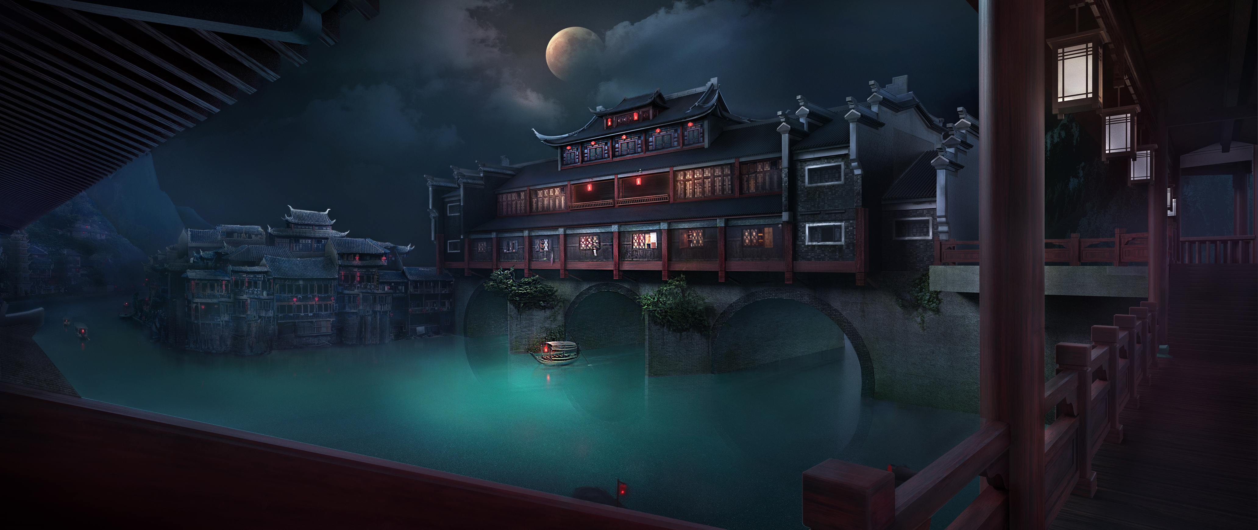 General 4128x1740 ferry water moon phases Asian architecture night
