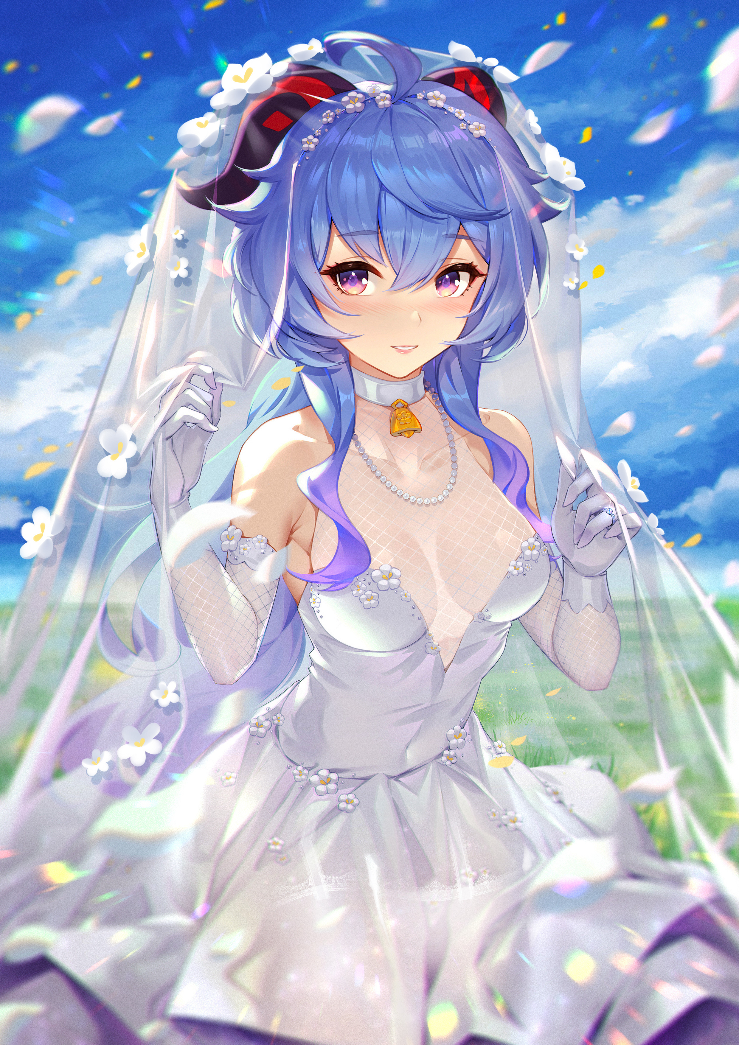 Anime 2480x3508 anime girls Genshin Impact Ganyu (Genshin Impact) Ring (artist) horns blue hair bridal veil wedding dress