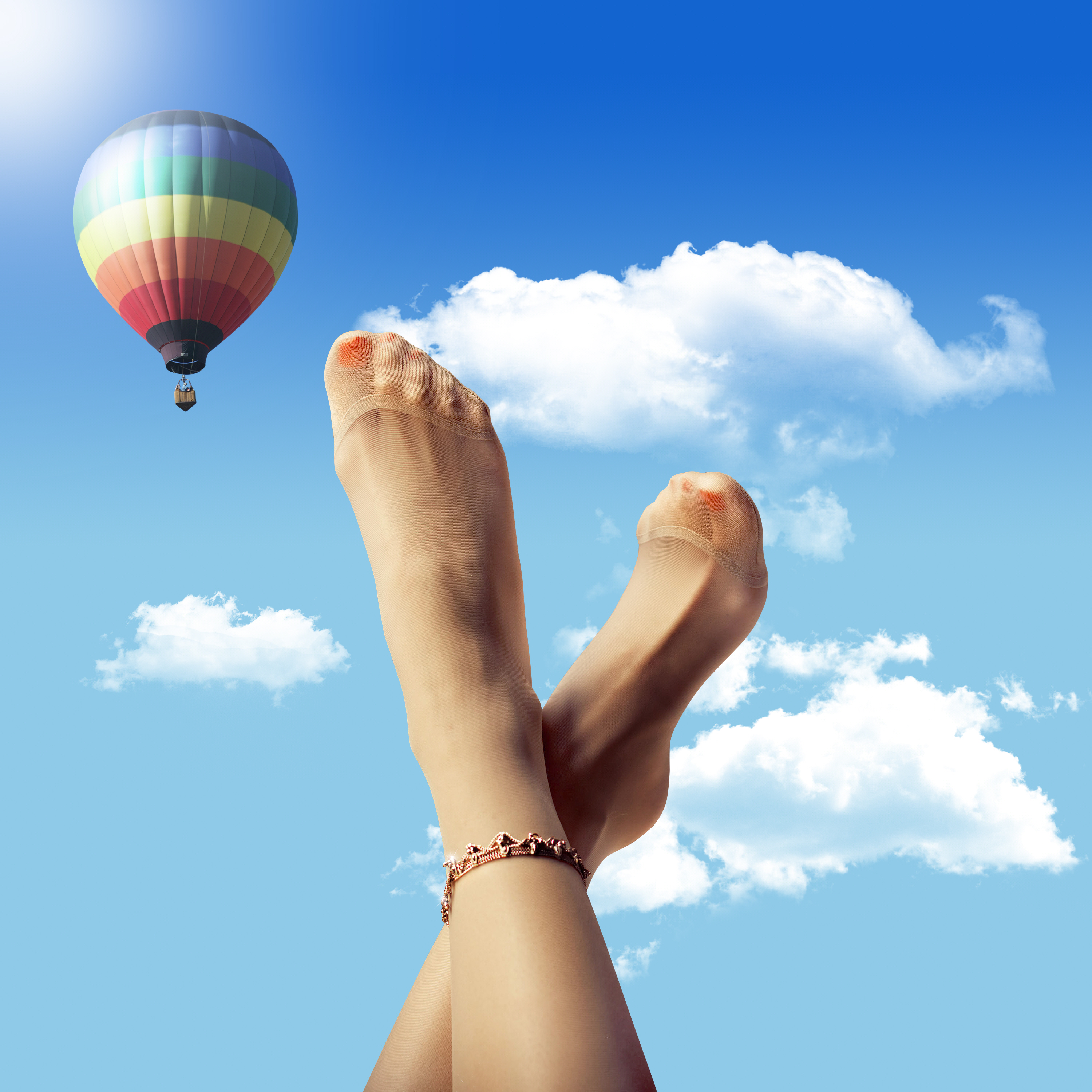 People 3000x3000 sky hot air balloons clouds anklet painted toenails pantyhose POV women