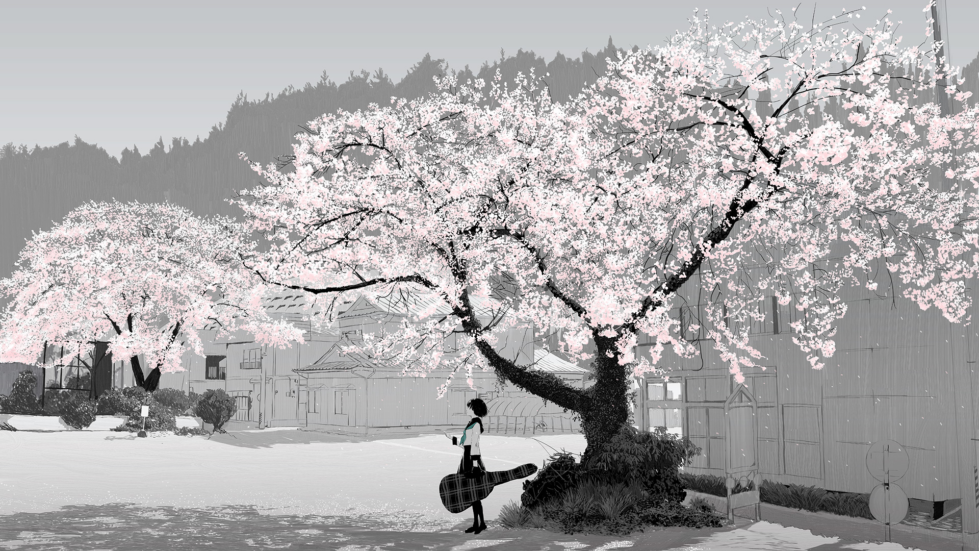 Anime 1920x1080 anime anime girls original characters monochrome cherry blossom school uniform artwork standing