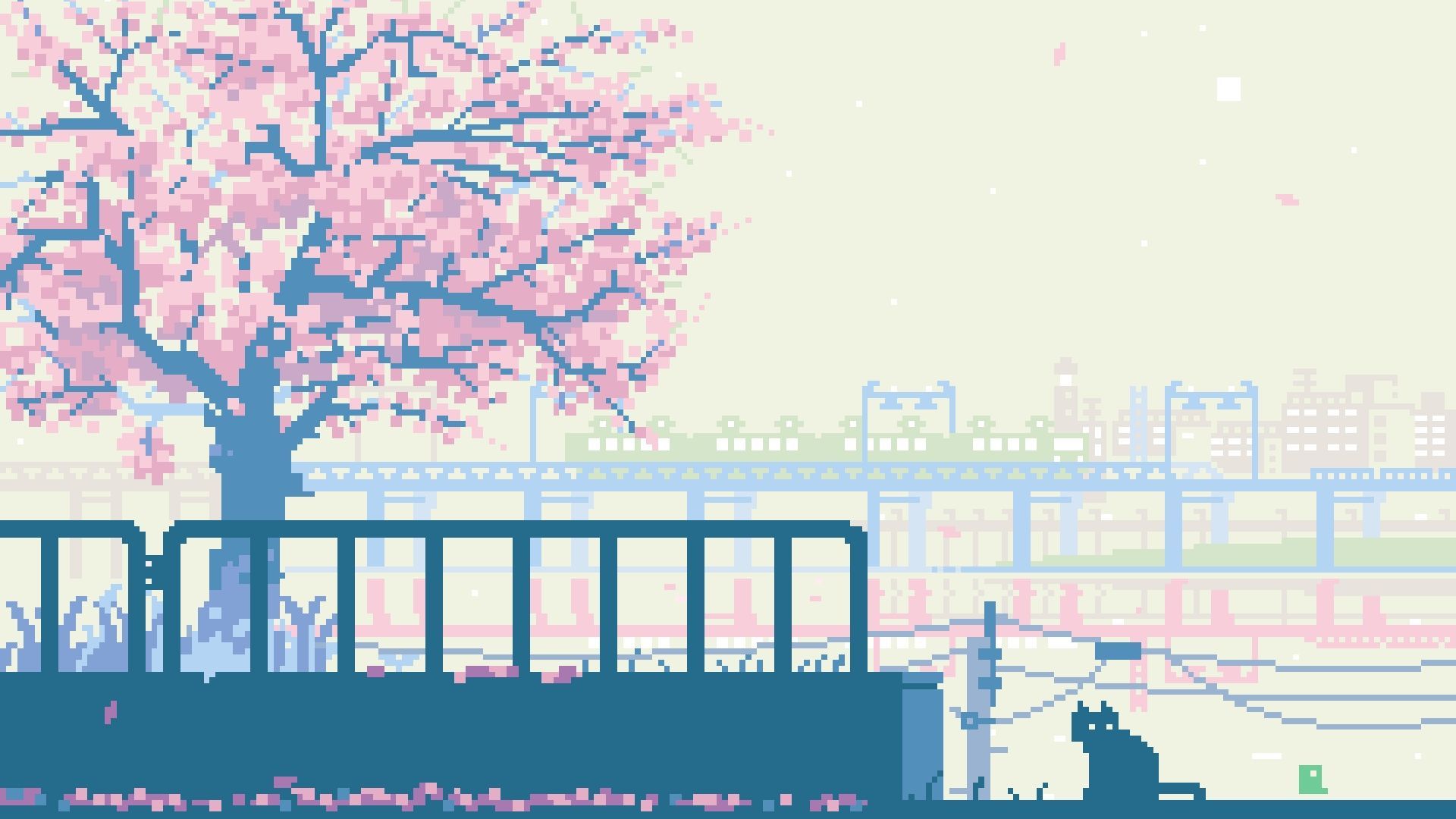 Anime 1920x1080 anime pixel art pixels digital art cherry blossom cats animals urban outdoors