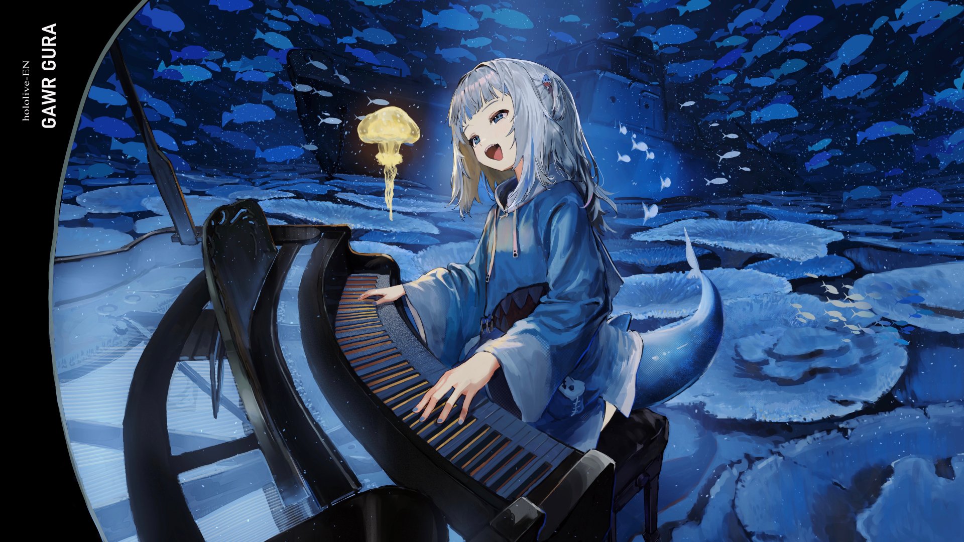 Anime 1920x1080 anime anime girls musical instrument tail Virtual Youtuber open mouth painted nails blue nails blue eyes fish Hololive Gawr Gura