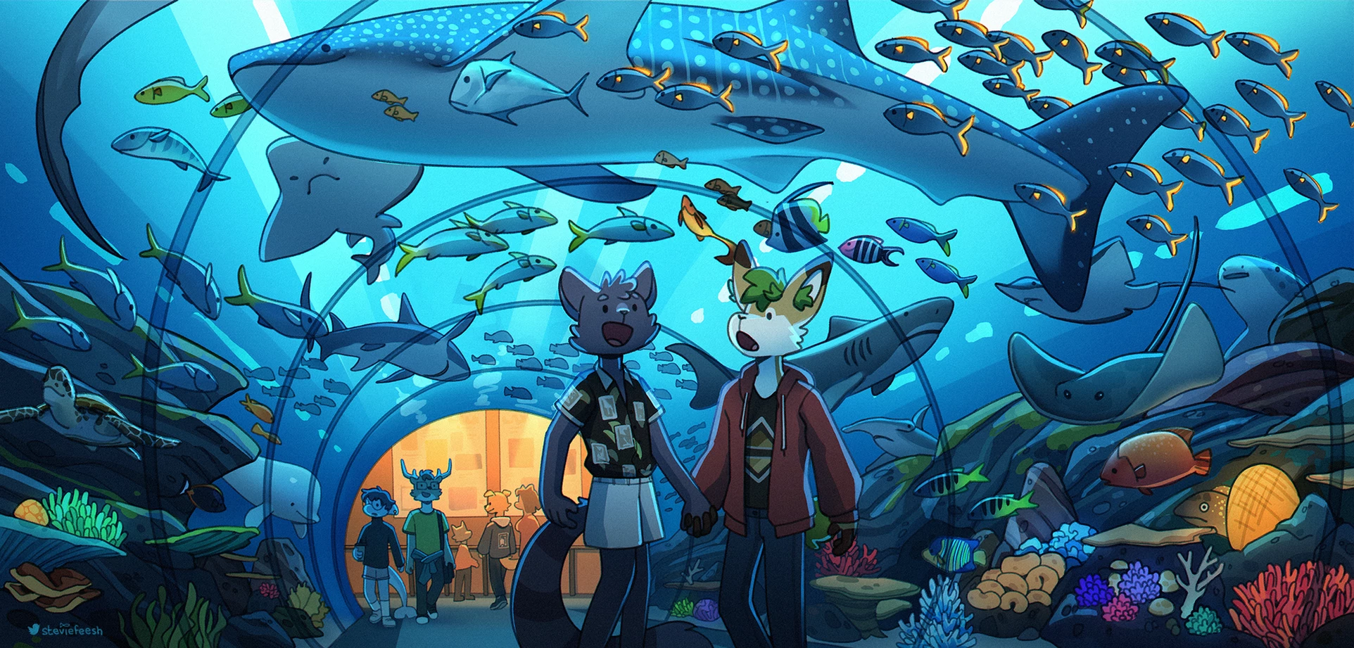 General 1924x921 steviefeesh aquarium water dolphin whale fish Fish Swarm coral Anthro turtle shark coral reef anthropomorphism