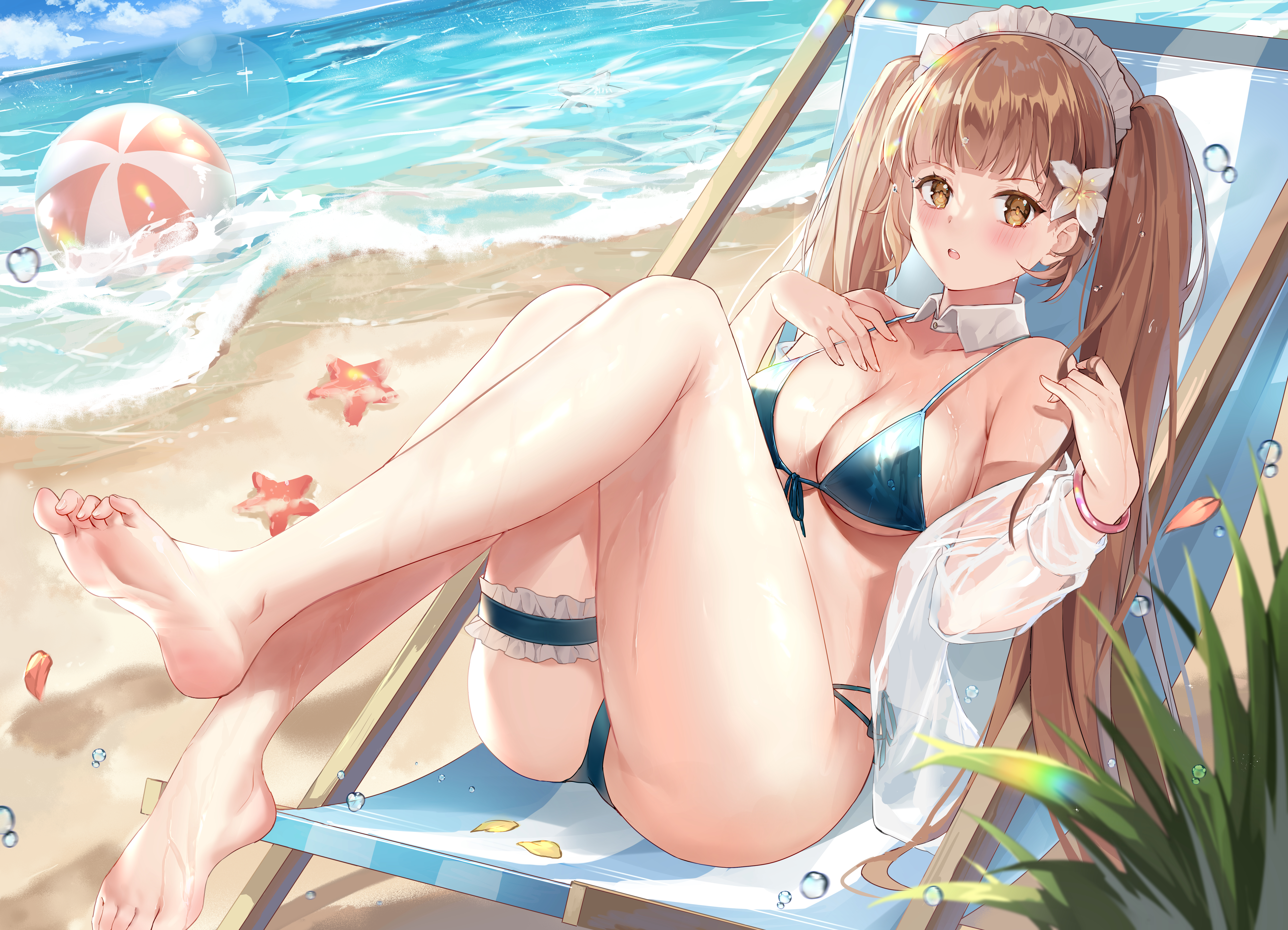 Anime 6378x4606 anime anime girls barefoot beach feet bikini cleavage big boobs maid outfit brunette twintails brown eyes wet Evidence979 artwork beach ball sunbed flower in hair starfish wet body water drops