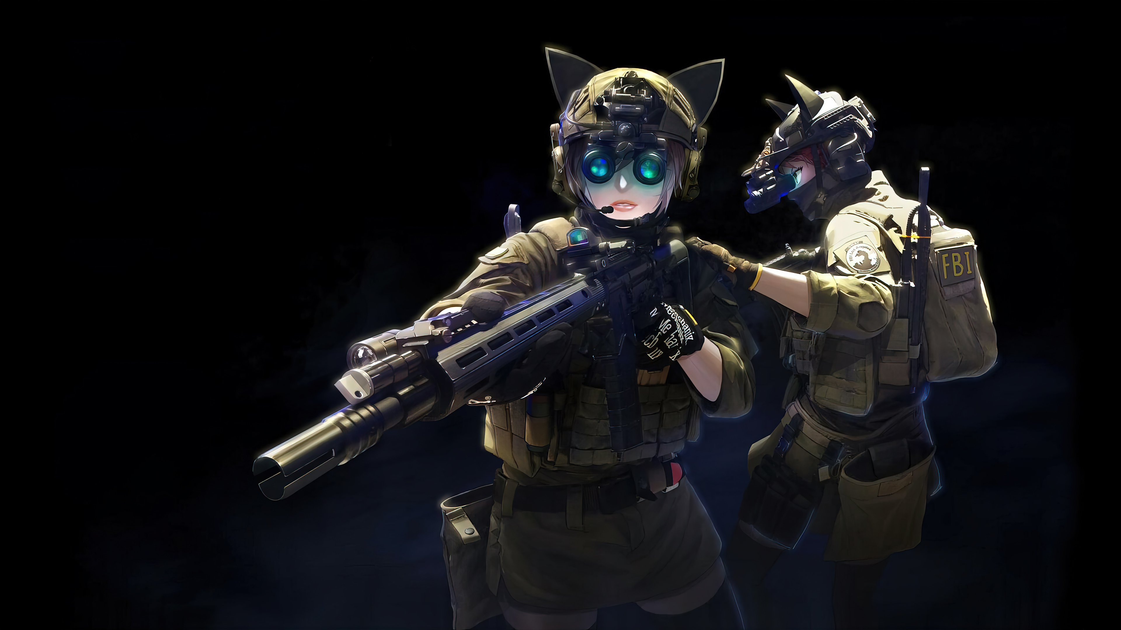 Anime 3840x2160 anime girls girls with guns gun black background helmet military uniform