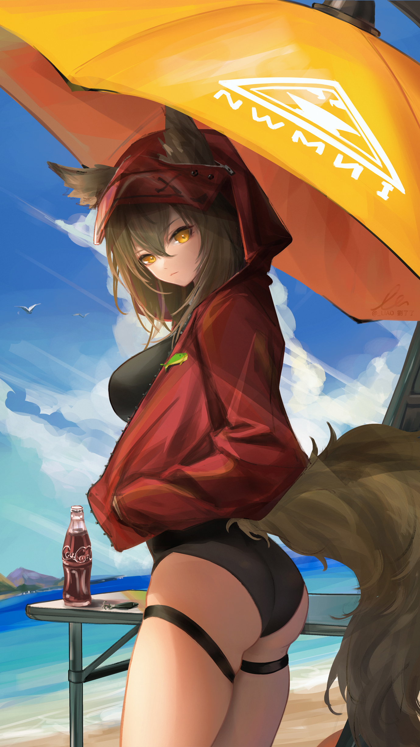Anime 1379x2452 anime anime girls ass Projekt Red (Arknights) one-piece swimsuit fox girl fox ears fox tail soda Coca-Cola