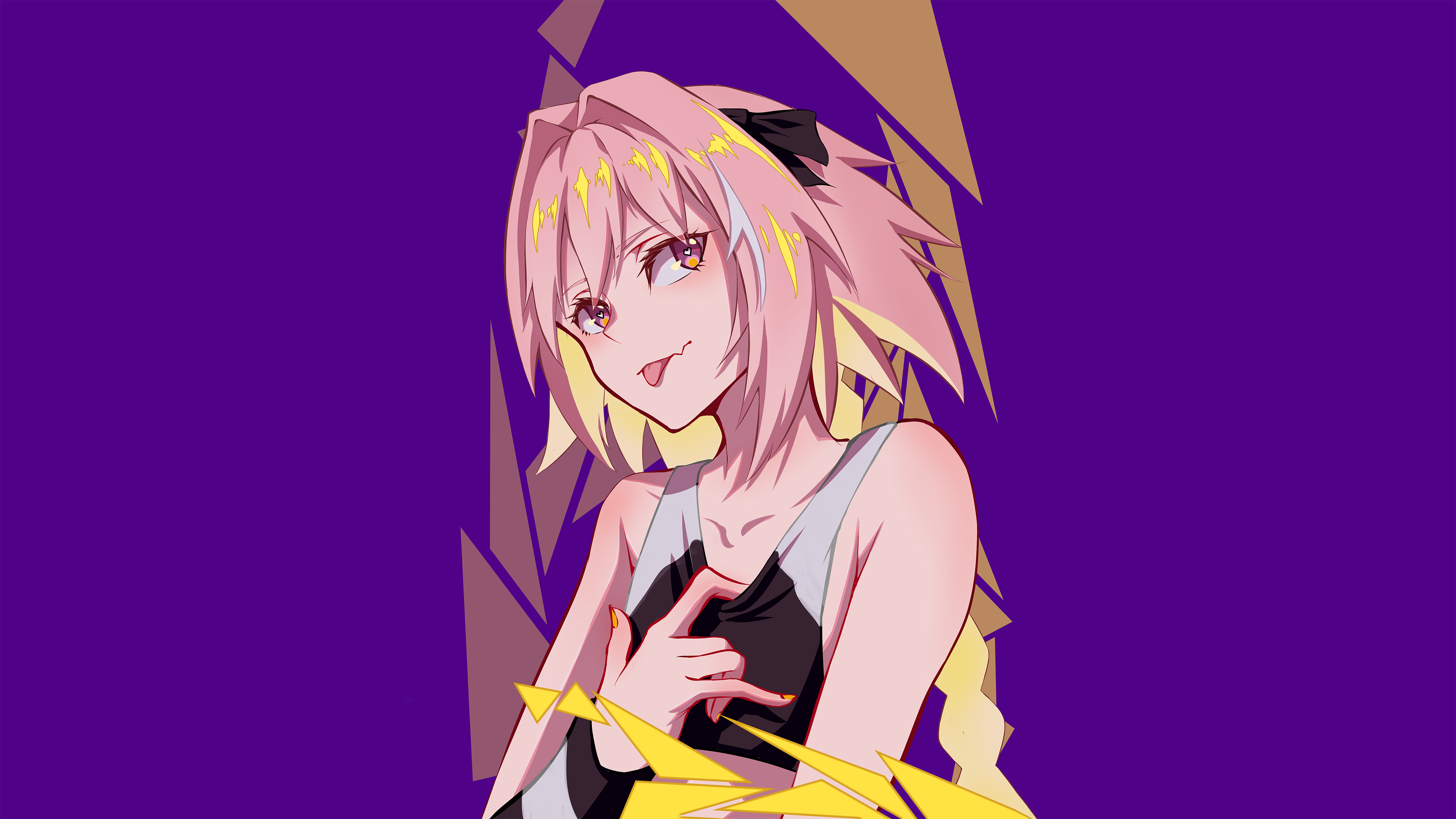 Anime 3840x2160 Hej Astolfo (Fate/Apocrypha) Fate/Grand Order Fate series pink hair long hair ponytail hair bows braids anime anime boys purple eyes heart eyes tank top painted nails tongue out looking at viewer arm warmers digital art 2D fan art simple background purple background men femboy Fate/Apocrypha 