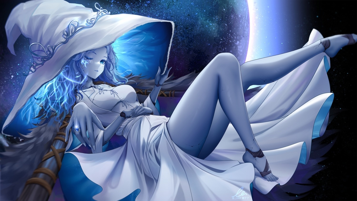 Anime 1500x844 Ranni (Elden Ring) Elden Ring video game girls video game characters hat witch hat blue skin one eye closed blue hair