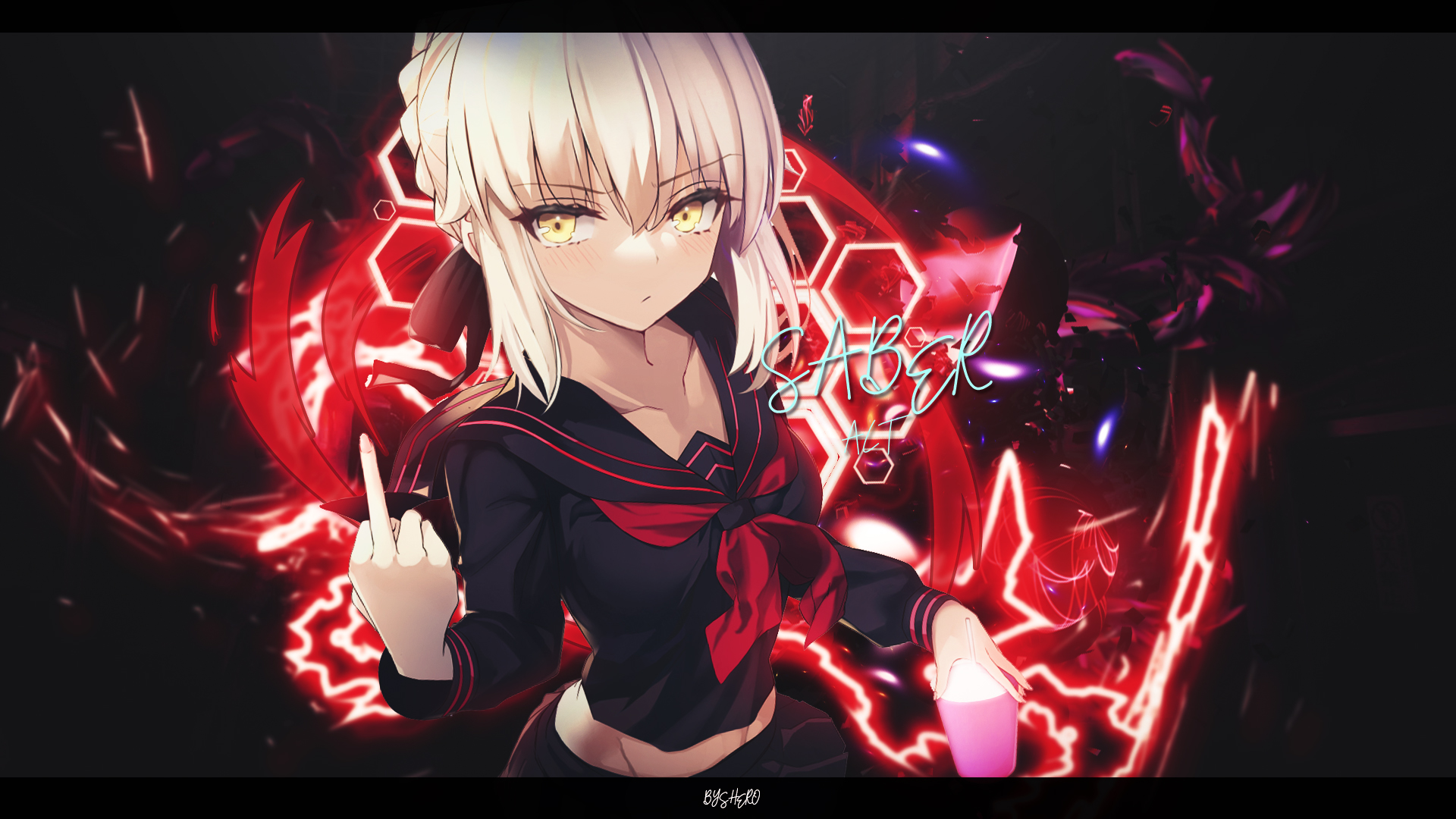 Anime 1920x1080 anime signature anime girls Fate series blonde yellow eyes school uniform middle finger Saber Alter Artoria Pendragon fate/stay night: heaven's feel Fate/Grand Order